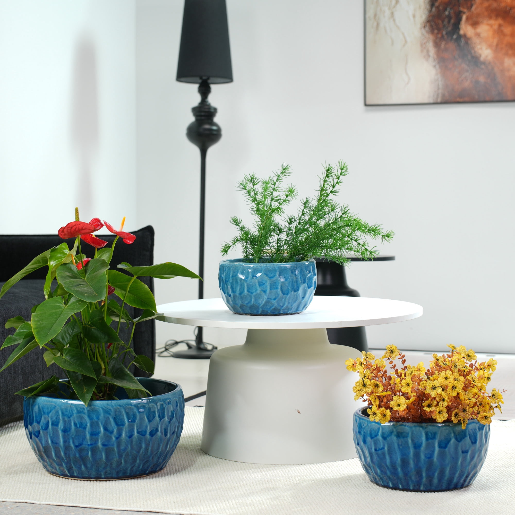Leumius Set of 3 Handmade Ceramic Planter, 15"/12"/10" Diameter, Cobalt Blue Hammered Texture, for Succulents & Violets, Indoor/Outdoor Use on Windowsill & Bookshelf Blue