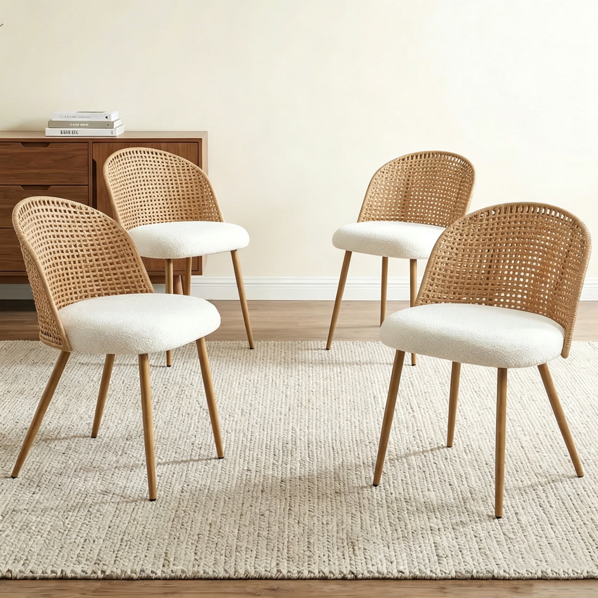 Leumius Set of 4 Wicker Dining Chairs, Farmhouse Soft Cushioned Cane Back Kitchen Chair, Sponge Cushion, Bohemian Style Dining Chair with Metal Legs for Home and Kitchen (Brown)