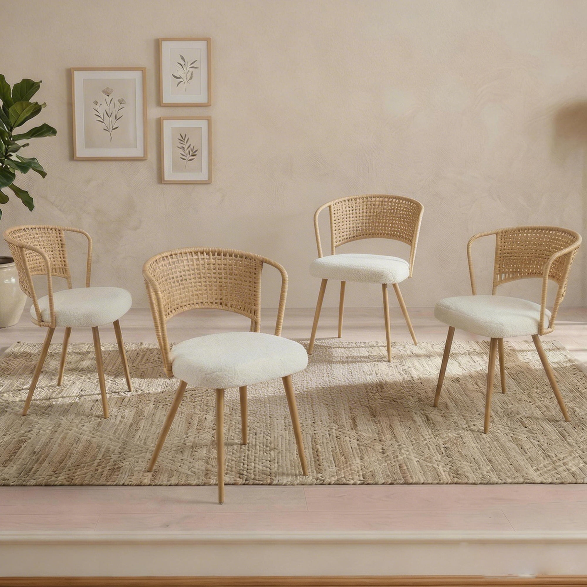 Leumius Set of 4 Wicker Dining Chairs, Farmhouse Soft Cushioned Cane Back Kitchen Chair, Sponge Cushion, Wing-Back Dining Chair with Metal Legs for Home and Kitchen (Brown)