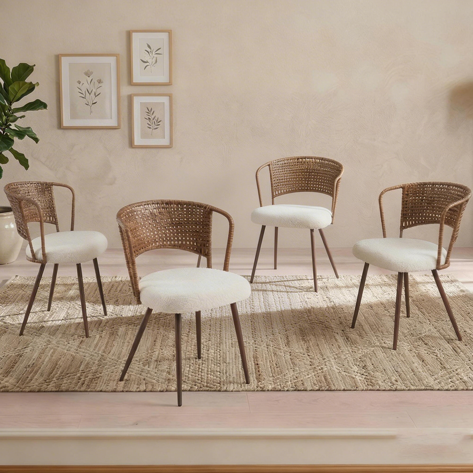 Leumius Set of 4 Wicker Dining Chairs, Farmhouse Soft Cushioned Cane Back Kitchen Chair, Sponge Cushion, Wing-Back Dining Chair with Metal Legs for Home and Kitchen (Dark Walnut)