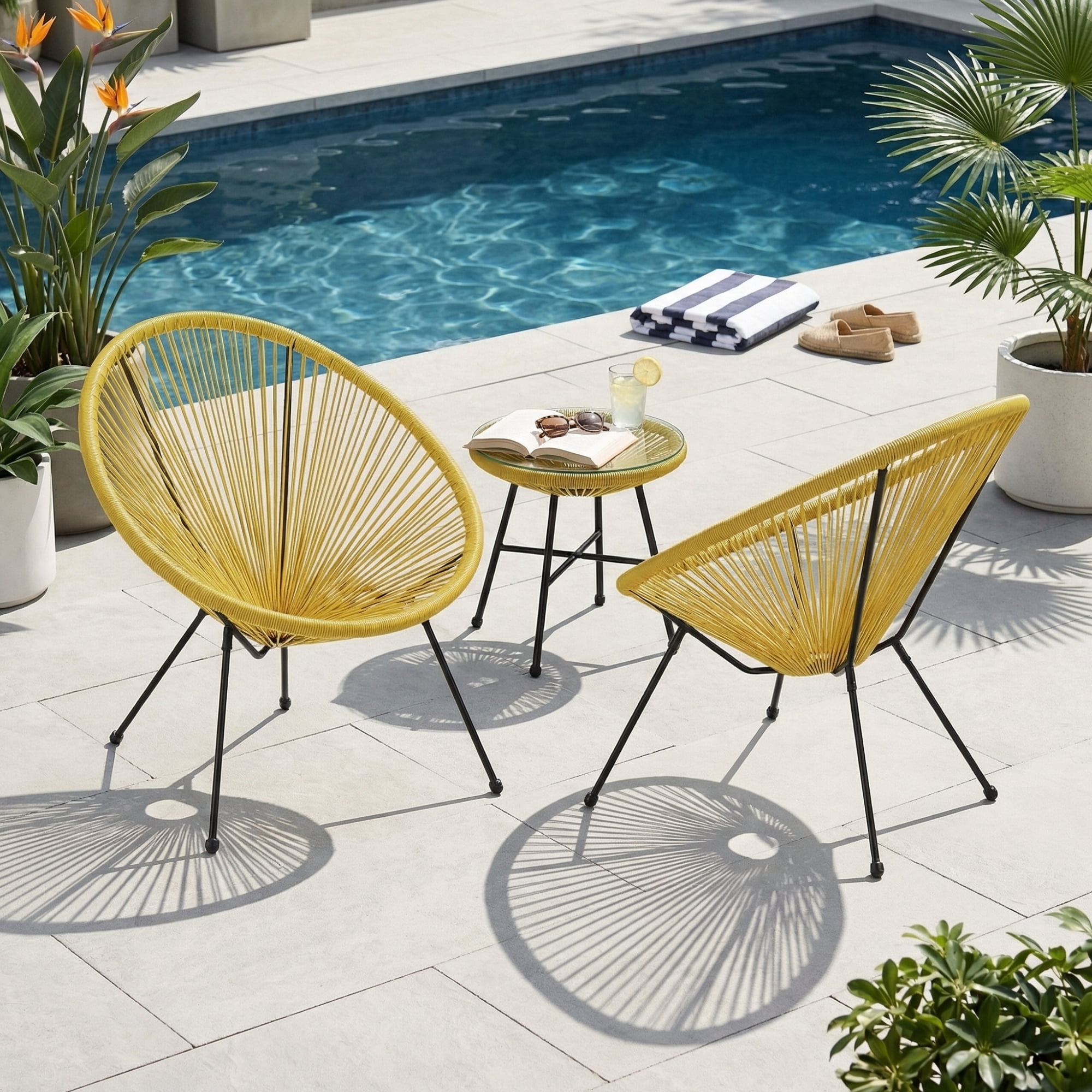 Leumius Set of 2 Modern Accent Chair with PE Rattan, Outdoor Accent Chair for Pool Beach Patio Lawn Yellow