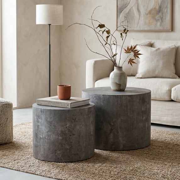 Leumius Set of 2 Nesting Coffee Tables, Round Modern Circle Wooden Accent Side End Tables for Small Space Living Room Bedroom Gray