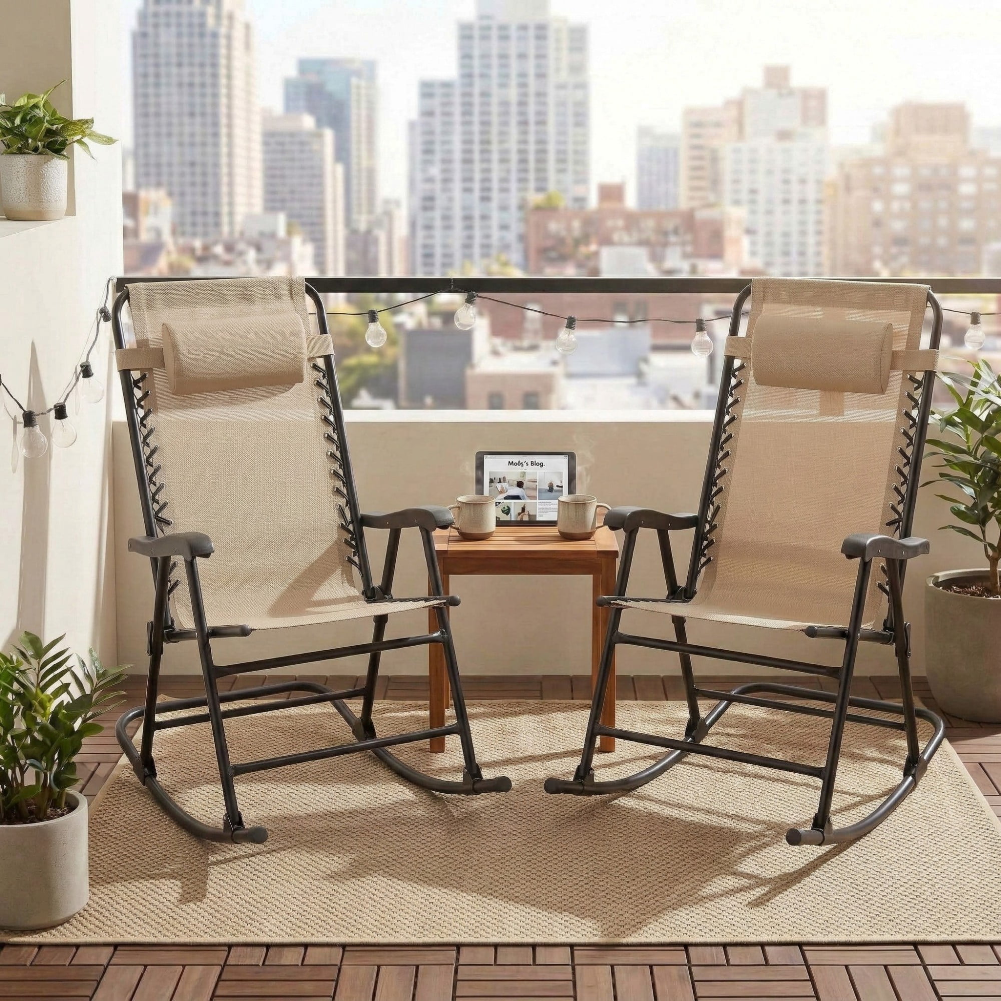 Leumius Set of 2 Outdoor Rocking Chairs, All-Weather Patio Rockers with High Back,Folding Leisure Rocking Chair for Lawn,Porch,khaki