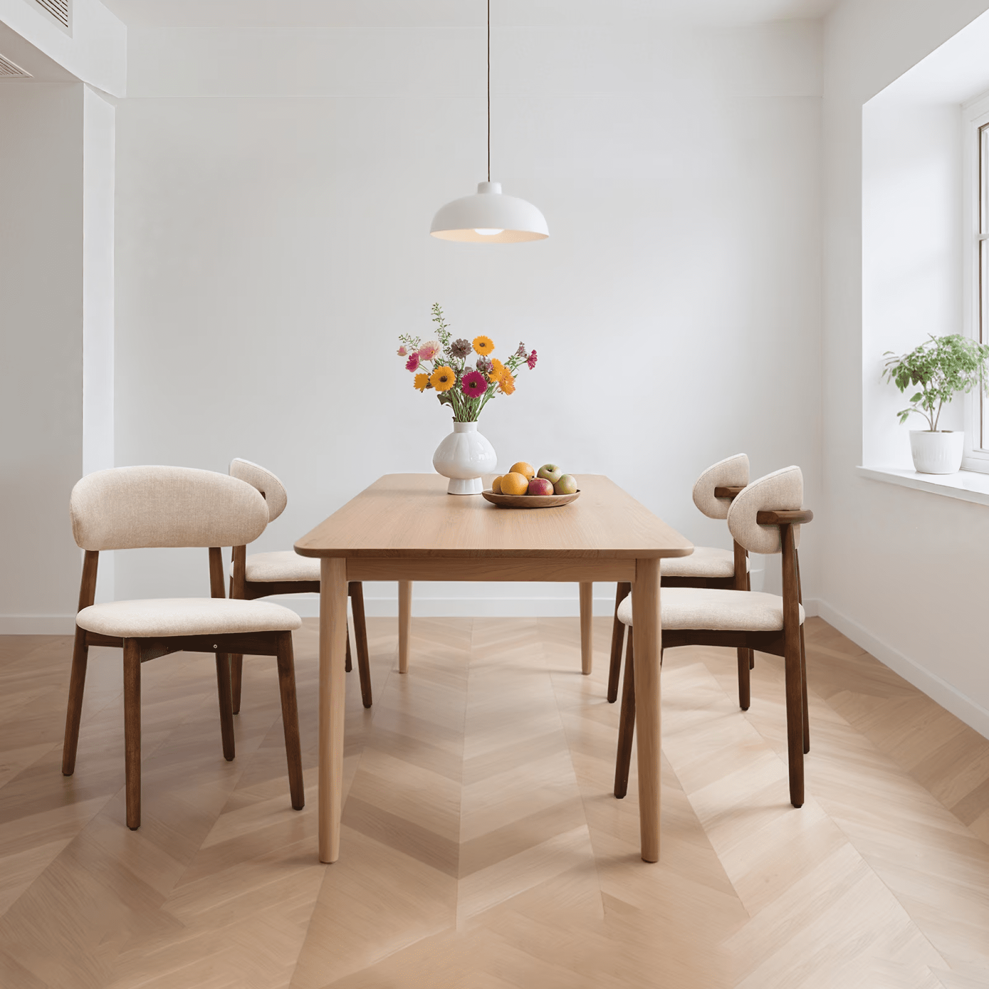 Leumius Set of 4 Cotton-Linen Fabric Upholstered Dining Chair with Walnut Solid Wood Legs, Armless Chair for Kitchen Restaurant Living Meeting Room
