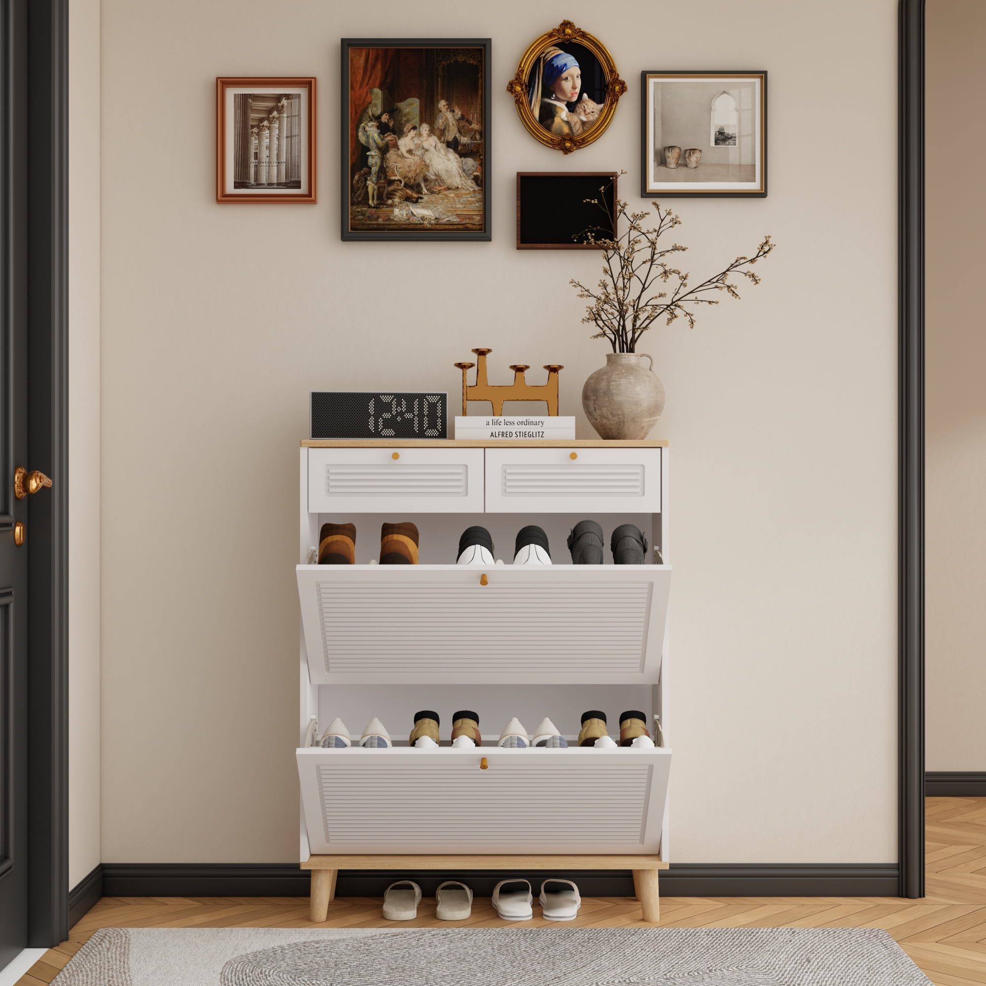 Leumius Shoe Cabinet with 2 Flip-up Doors and 2 Drawers,Narrow Shoe Rack Cabinet,Freestanding Shoe Organizer,Shoe Organizer for Entryway Narrow Hallways