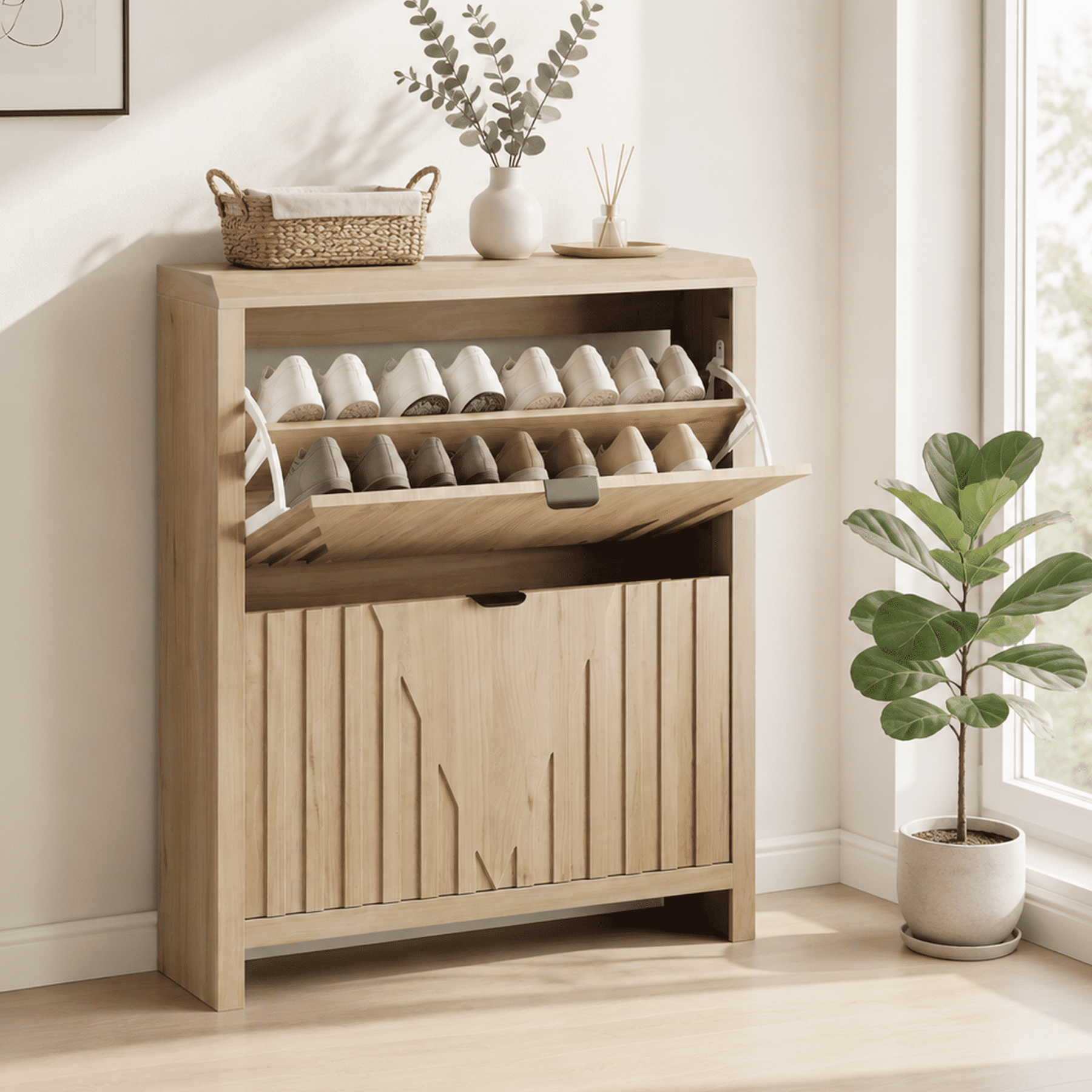 Leumius Shoe Cabinet Storage with 2 Flip Drawers,Wood Shoe Cabinet with Vertical Carved Panels,Freestanding Shoe Storage Cabinet for Entryway Hallway,Oak