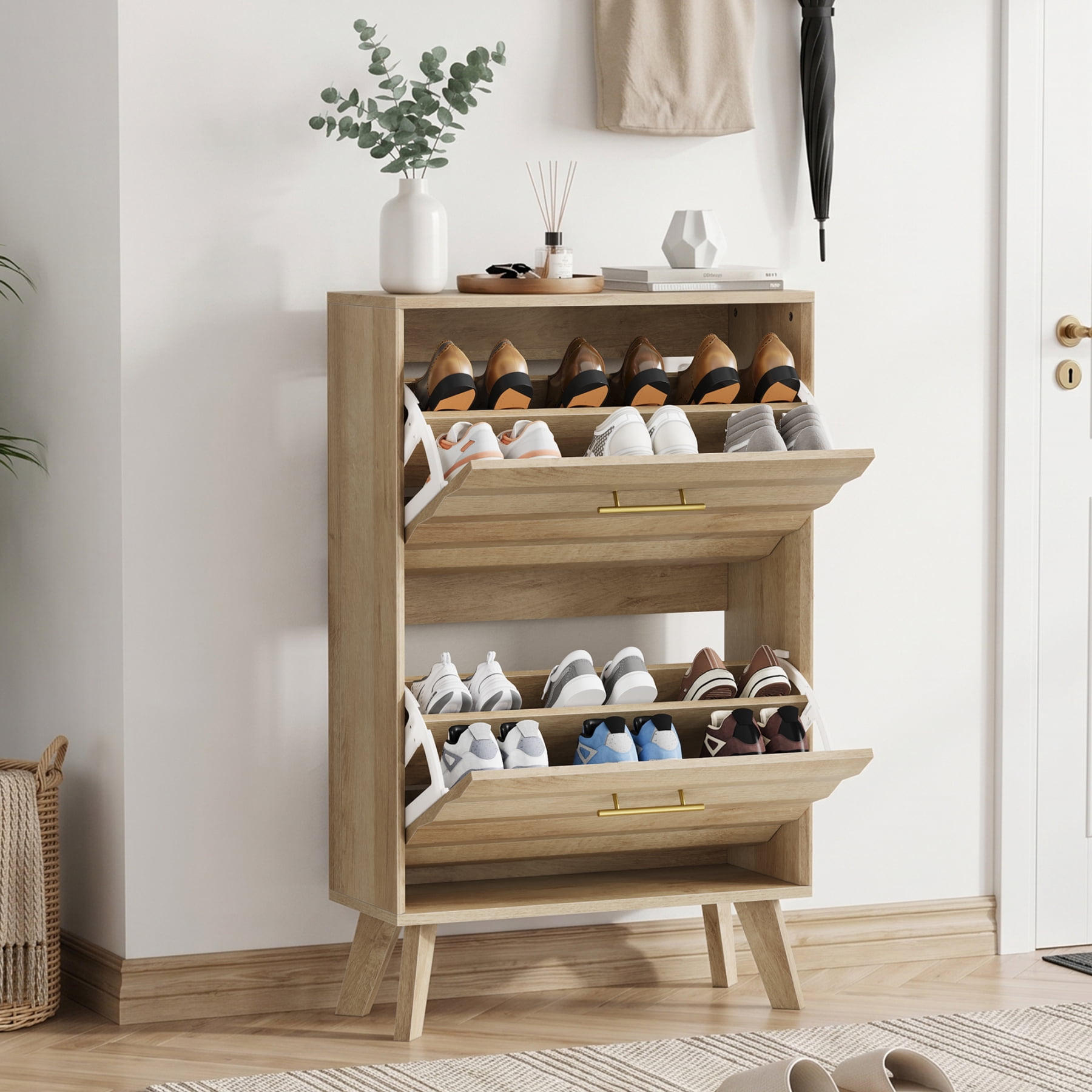 Leumius Shoe Cabinet with 2 Flip Drawers,Mid-century Modern Freestanding Shoe Storage Cabinet,Hidden Shoe Organizer for Entryway Hallway,Oak
