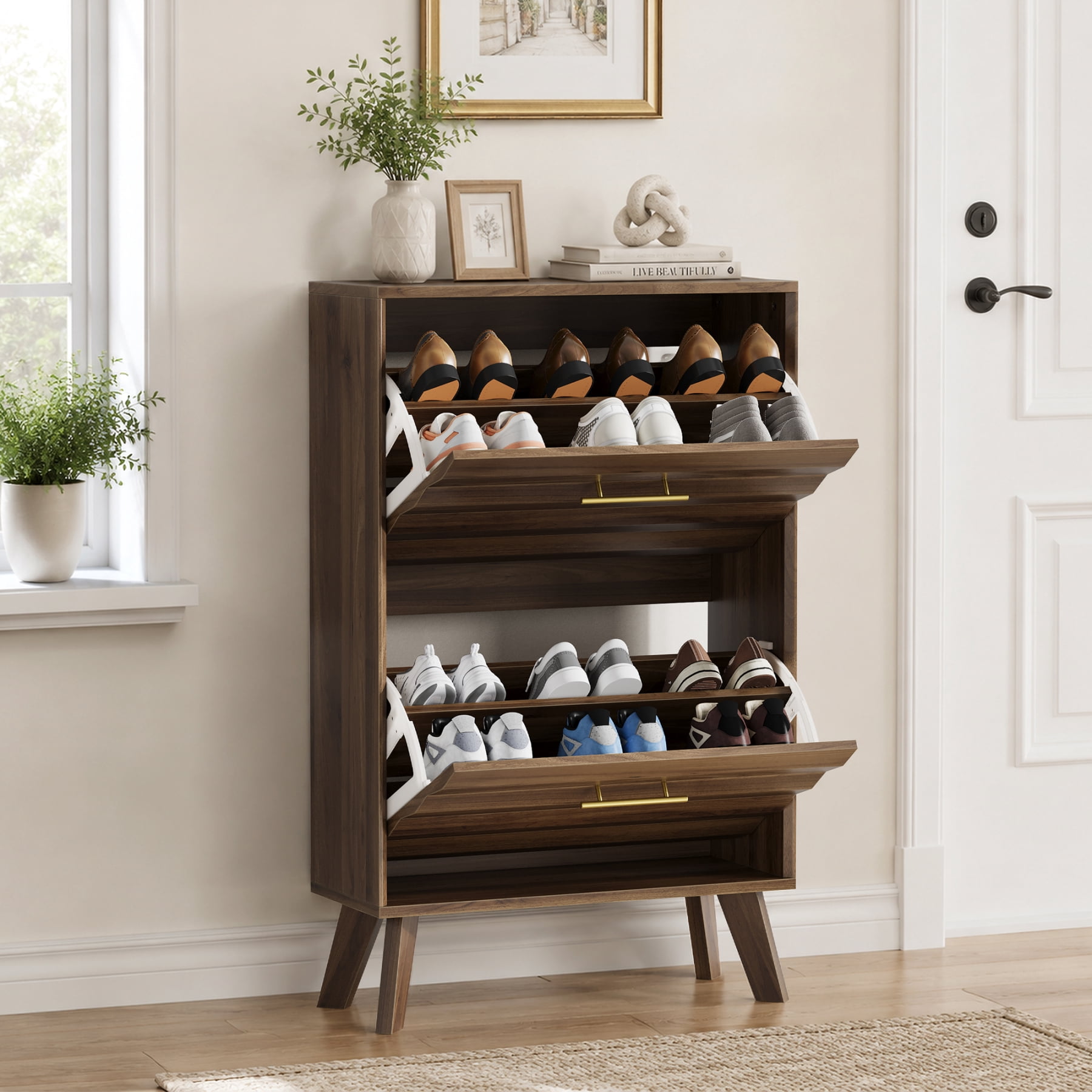 Leumius Shoe Cabinet with 2 Flip Drawers,Mid-century Modern Freestanding Shoe Storage Cabinet,Hidden Shoe Organizer for Entryway Hallway,Walnut