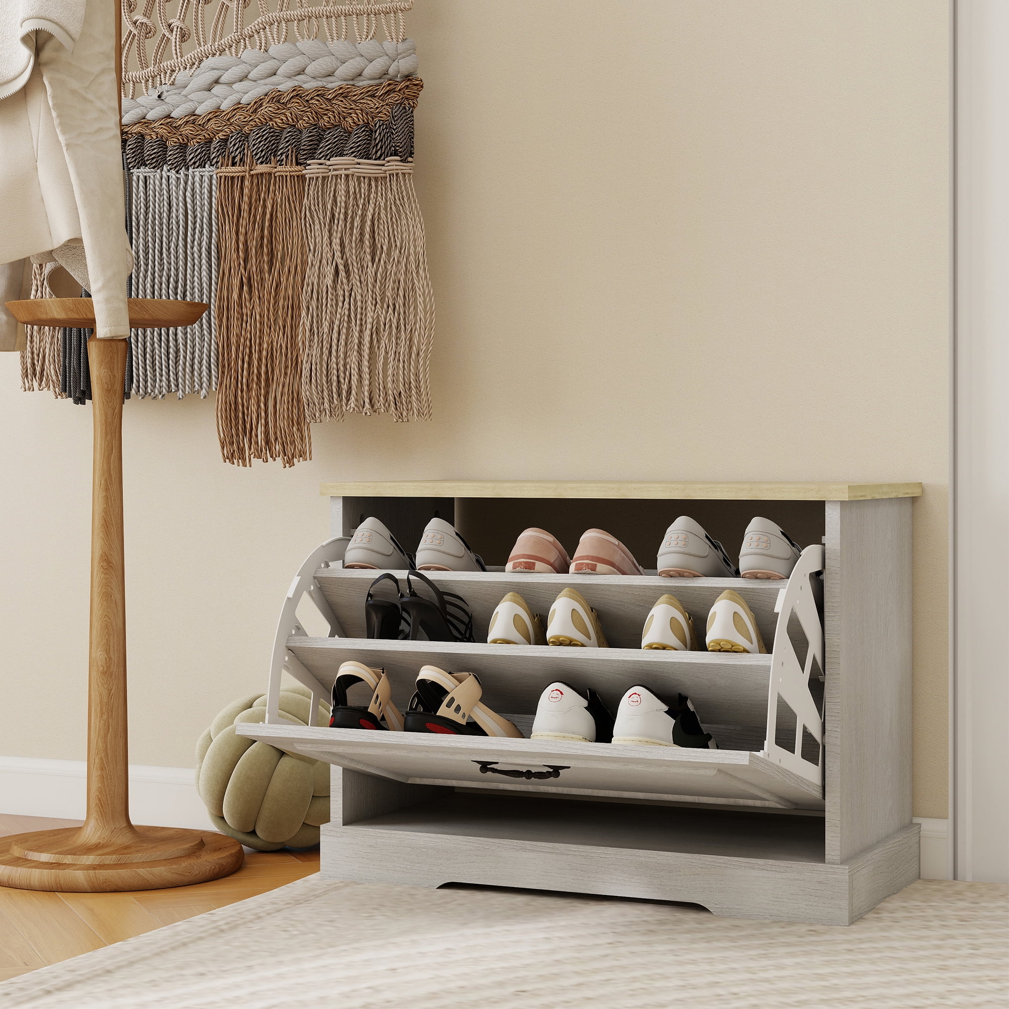 Leumius Shoe Storage Bench with 1 Flip Drawer & Adjustable Shelf,Small Shoe Cabinet for Entryway,Hallway,Bedroom,Antique White