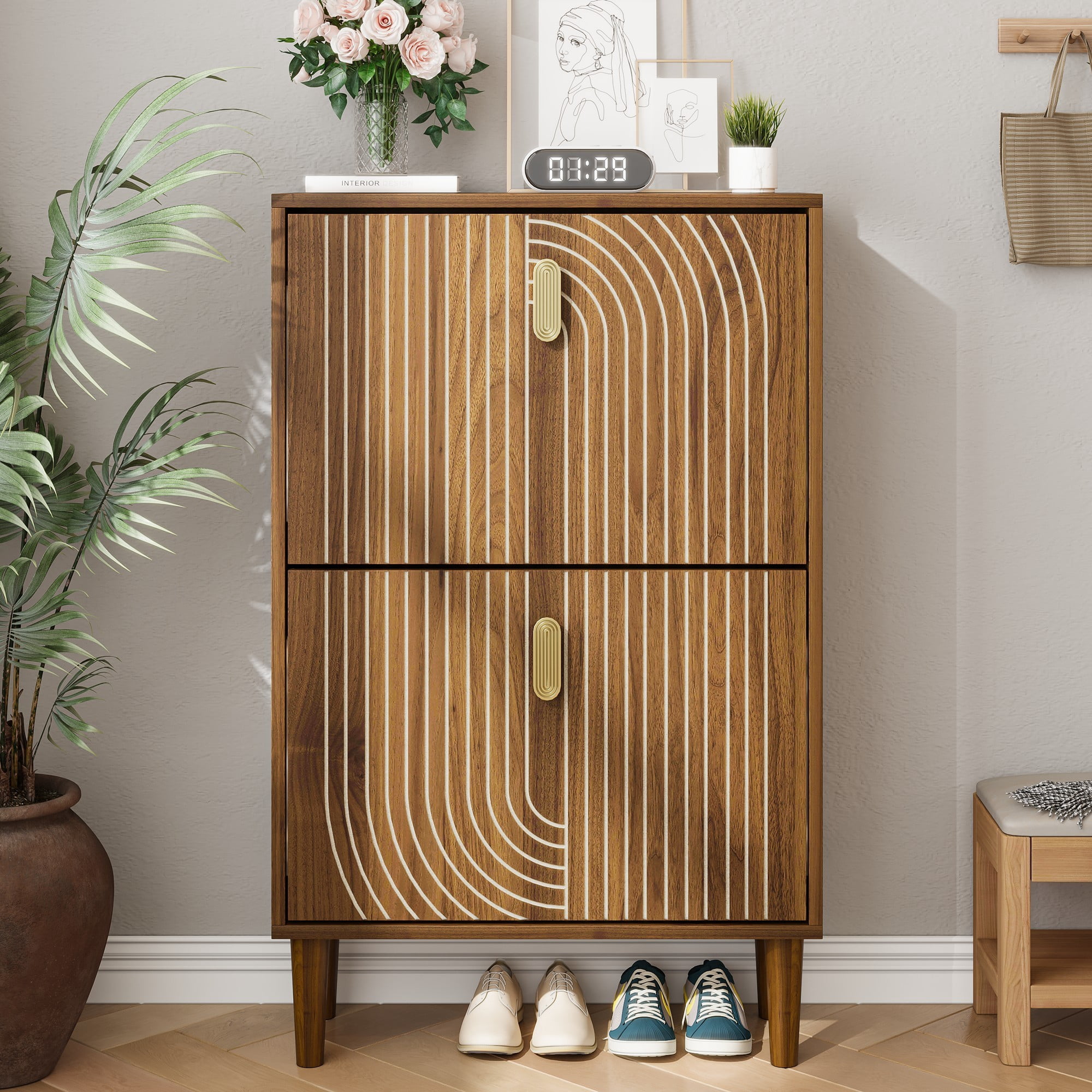 Leumius Shoe Storage Cabinet with 2 Flip Drawers,Modern Entryway Shoe Organizer Rack with Metal Handles & Adjustable Shelves for Entryway,Living Room,Apartment,Brown