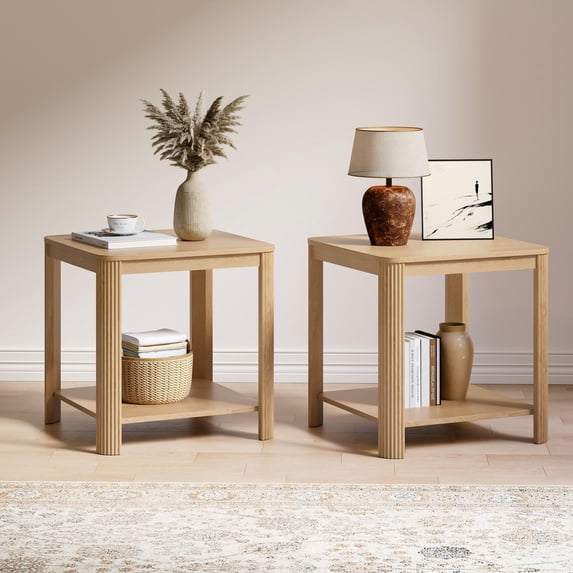 Leumius Side Tables Set of 2,Small End Table Nightstand with Shelf,2-Tier Boho Side Table for Living Room,Bedroom,Oak