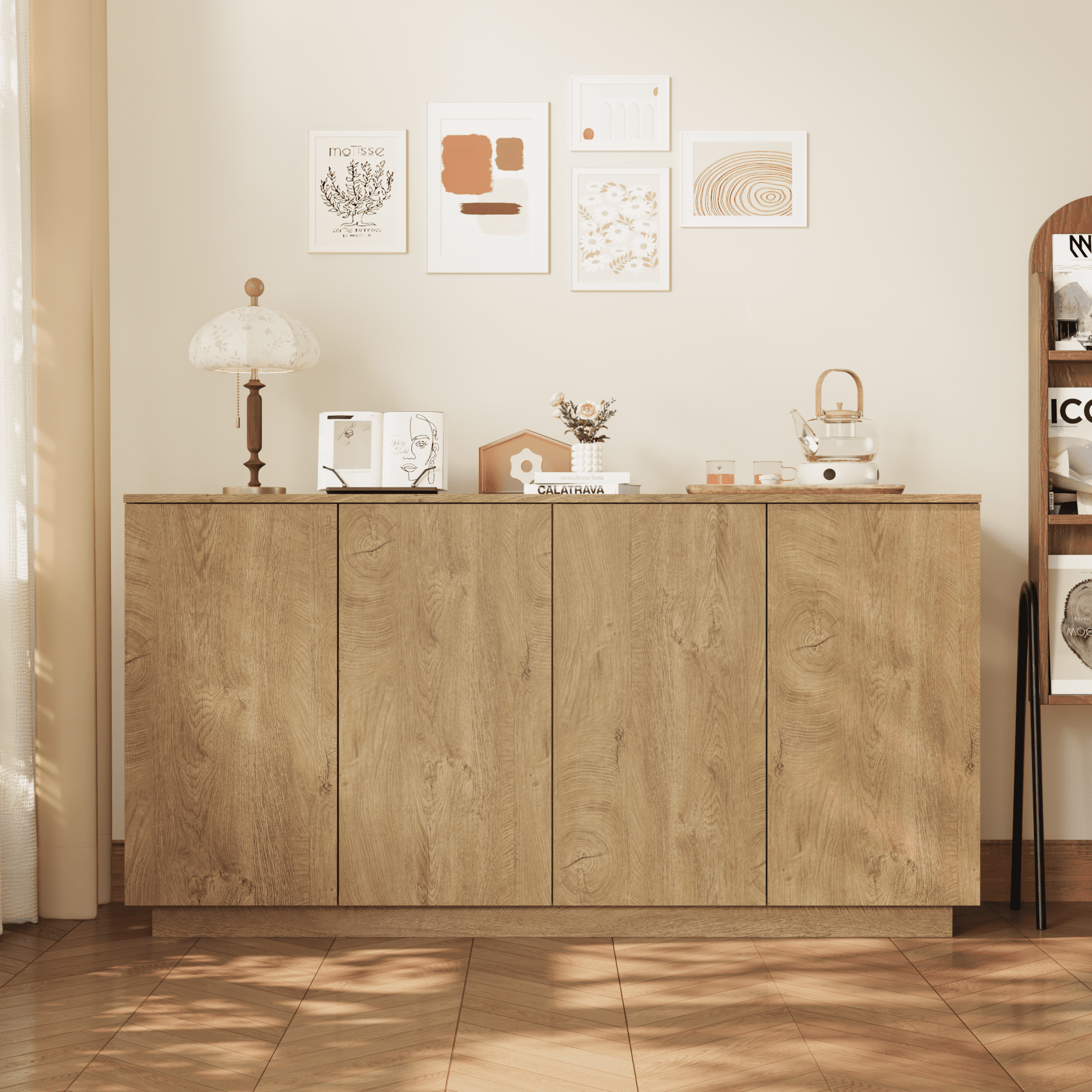 Leumius Sideboard Buffet Cabinet,59.1" W Kitchen Sideboard Storage Cabinet with 4 Doors and Adjustable Shelves,Large Side Board Cabinet Coffee Bar Cabinet for Dining Room,Natural