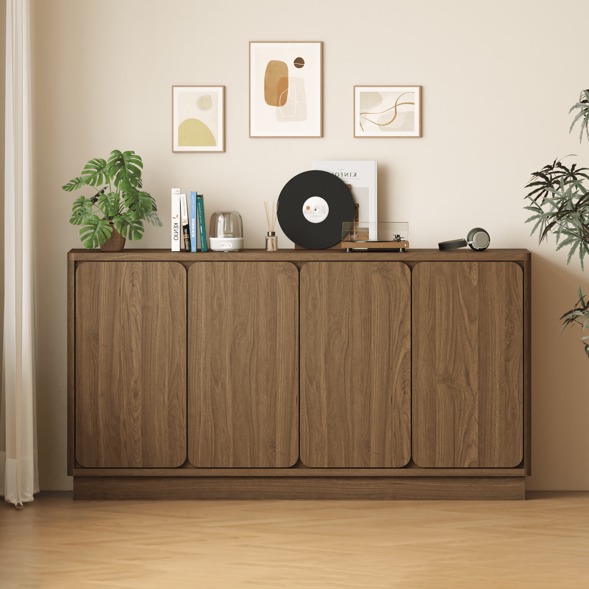 Leumius Sideboard Buffet Cabinet,59.1" W Kitchen Sideboard Storage Cabinet with 4 Doors and Adjustable Shelves,Large Side Board Cabinet Coffee Bar Cabinet for Dining Room,Walnut