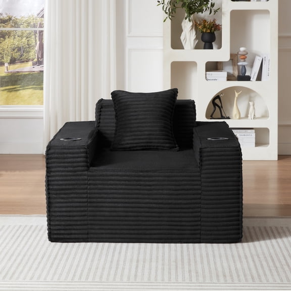 Leumius Single Cloud Sofa,Boneless Accent Chair with Cupholders,Upholstered Corduroy Fabric Modern Armchair with Deep Seats for Living Room Bedroom,Black