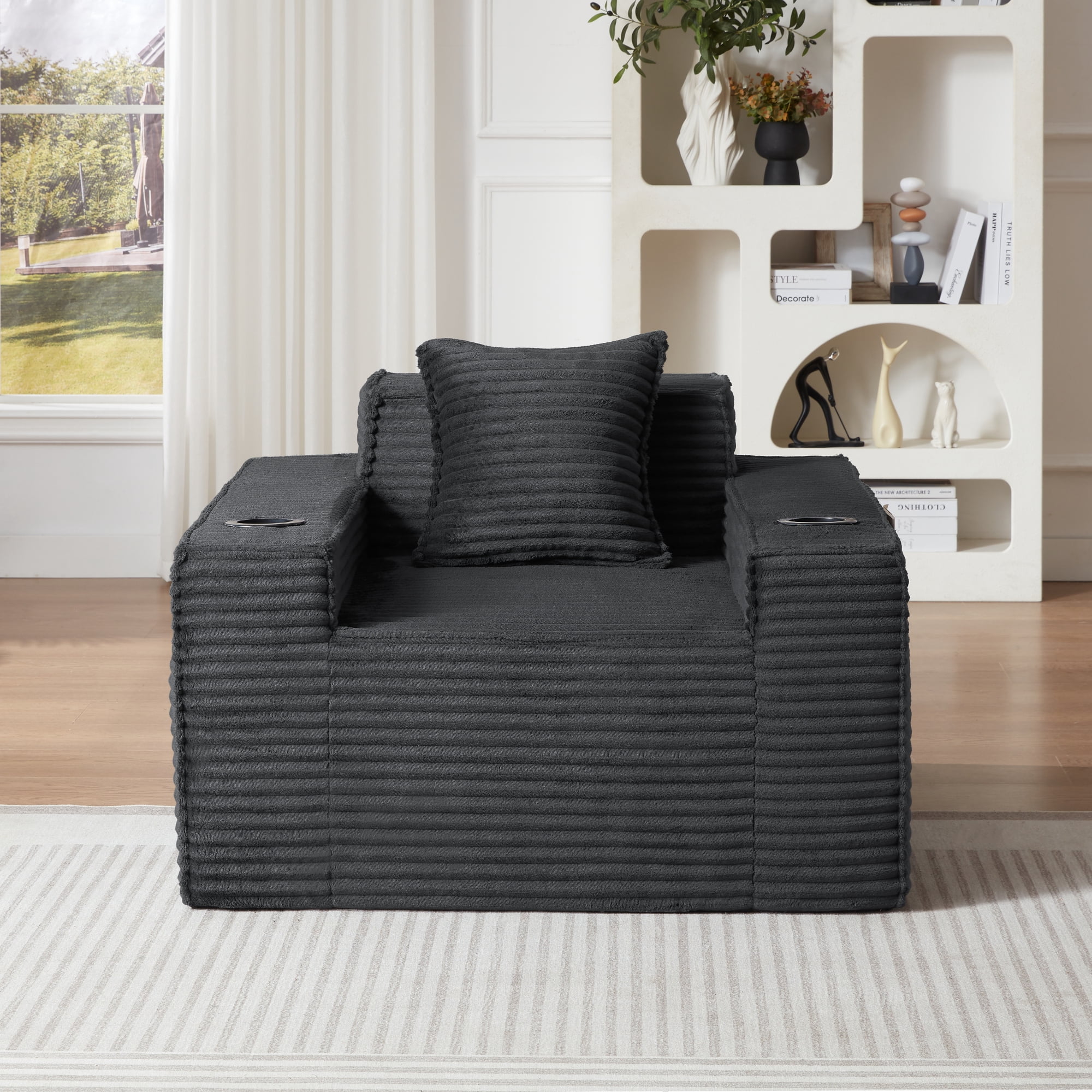Leumius Single Cloud Sofa,Boneless Couch with Cupholders,Upholstered Corduroy Fabric Modern Armchair with Deep Seats for Living Room Bedroom,Dark Gray