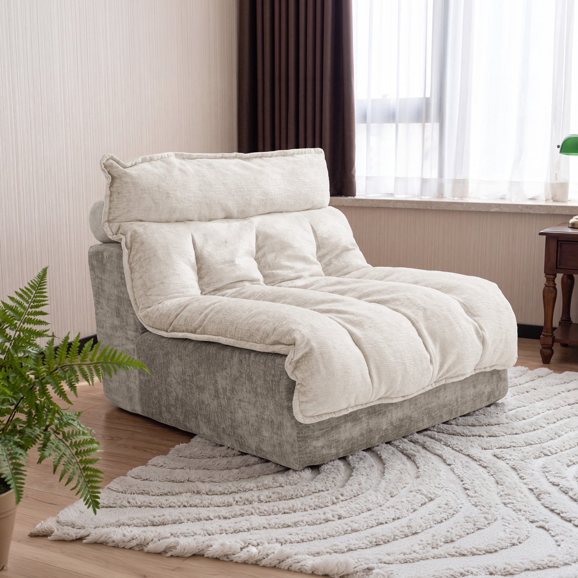 Leumius Single Cloud Sofa,Boneless Sofa Chair with Upholstered Seat Cushion,Modern Chenille Chaise Longue Chair for Living Room,Beige