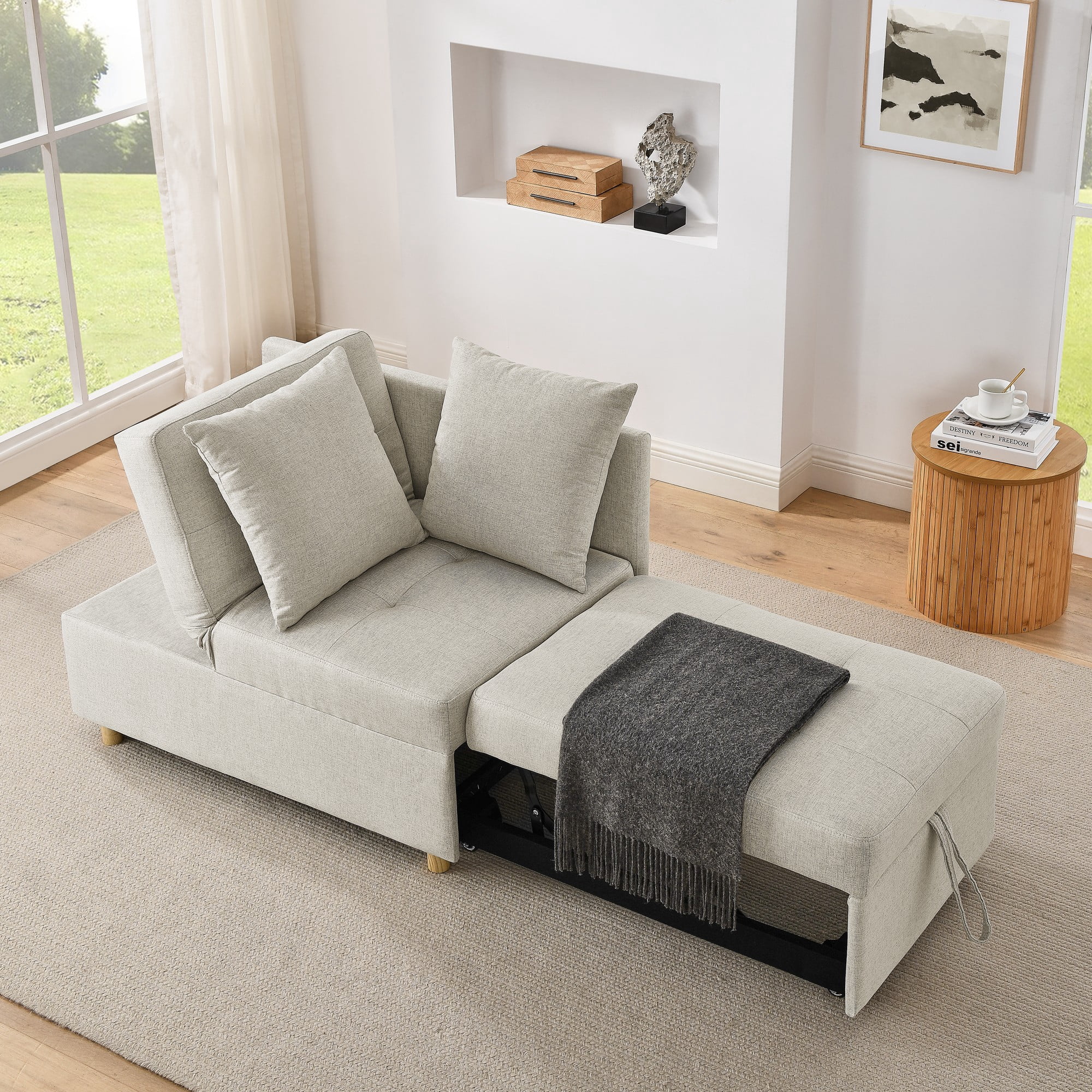 Leumius Sleeper Sofa Chair Bed 3 in 1 Convertible Bed Chair with Adjustable Backrest Linen Sleeper Chair Pull-Out Sofa Bed for Small Spaces,Living Room,Beige02