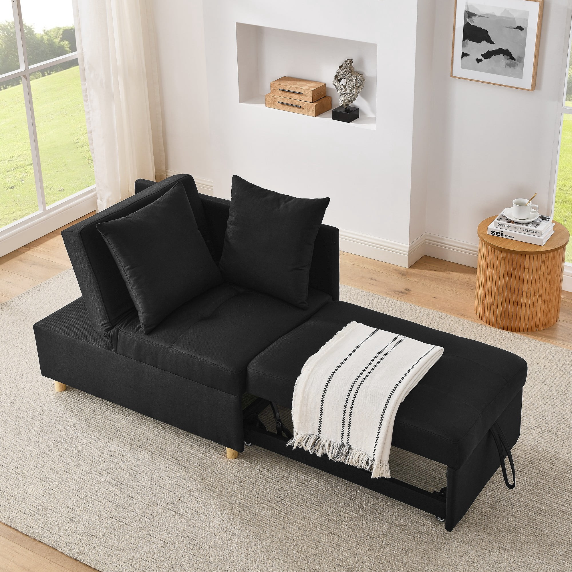 Leumius Sleeper Sofa Chair Bed 3 in 1 Convertible Bed Chair with Adjustable Backrest Linen Sleeper Chair Pull-Out Sofa Bed for Small Spaces,Living Room,Black02