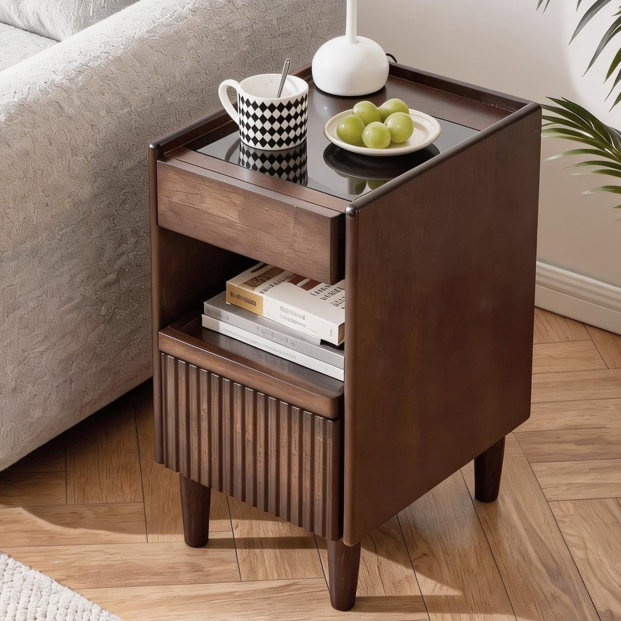Leumius Small Bedside Table with 1 Drawer and Open Shelves,Narrow Nightstand Cabinet Chest of Drawer Cabinet for Bedroom/Living Room