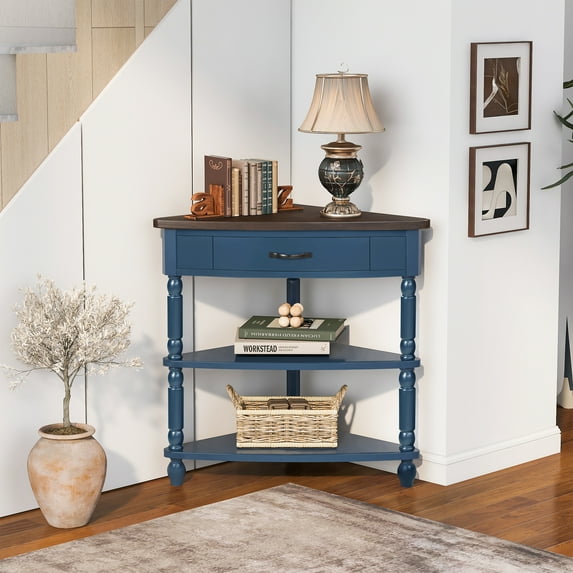 Leumius Small Corner Side Table,Triangle Corner Table 3 Tier End Corner Table for Small Spaces,Living Room,Blue
