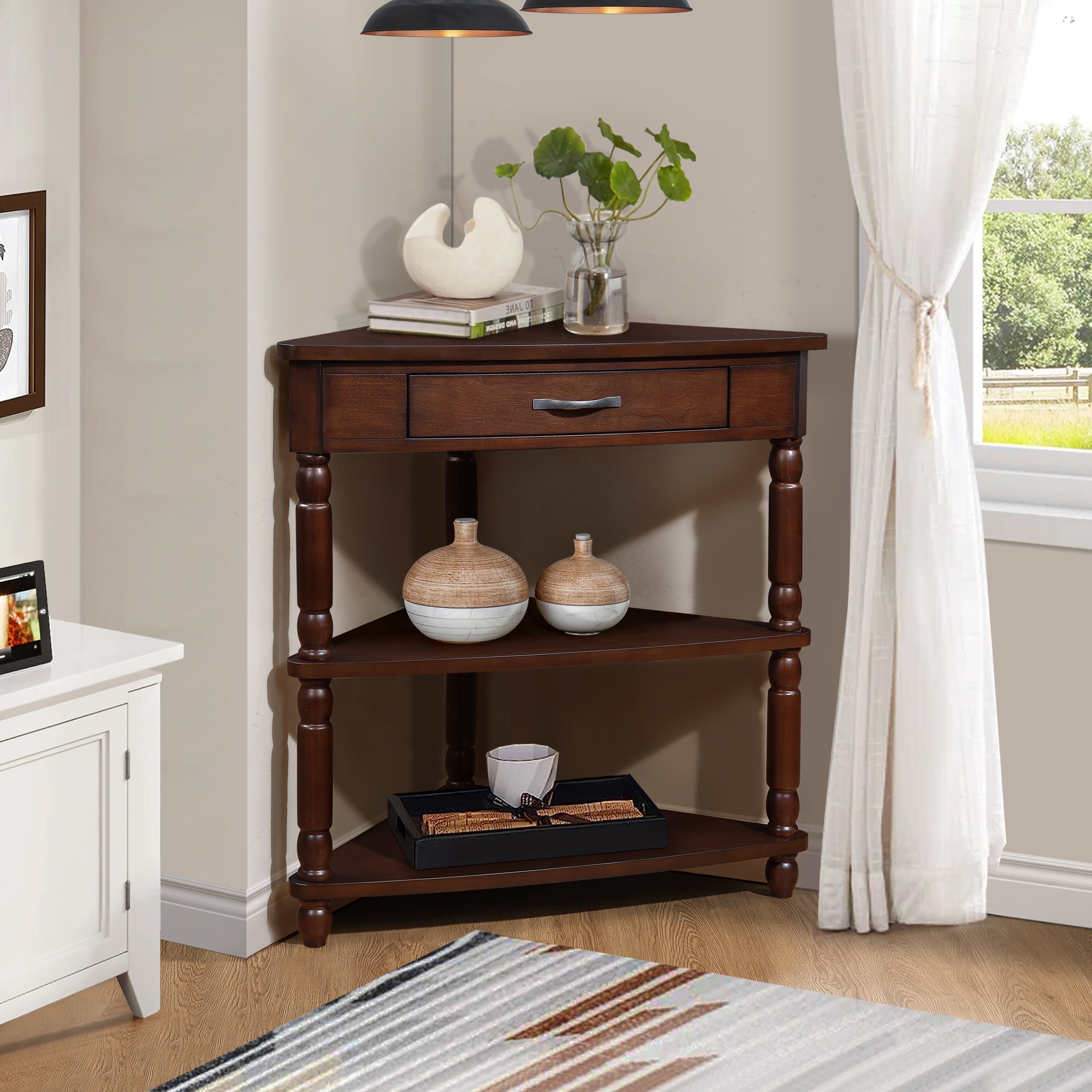 Leumius Small Corner Side Table,Triangle Corner Table 3 Tier End Corner Table for Small Spaces,Living Room,Espresso