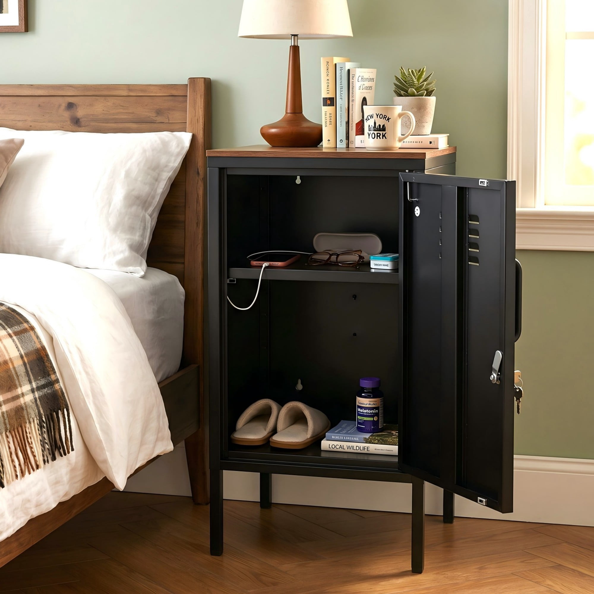 Leumius Small Metal Nightstand with Adjustable Shelf & Lockable Door,Modern Bedside Table End Table Side Cabinet for Bedroom,Living Room,Black