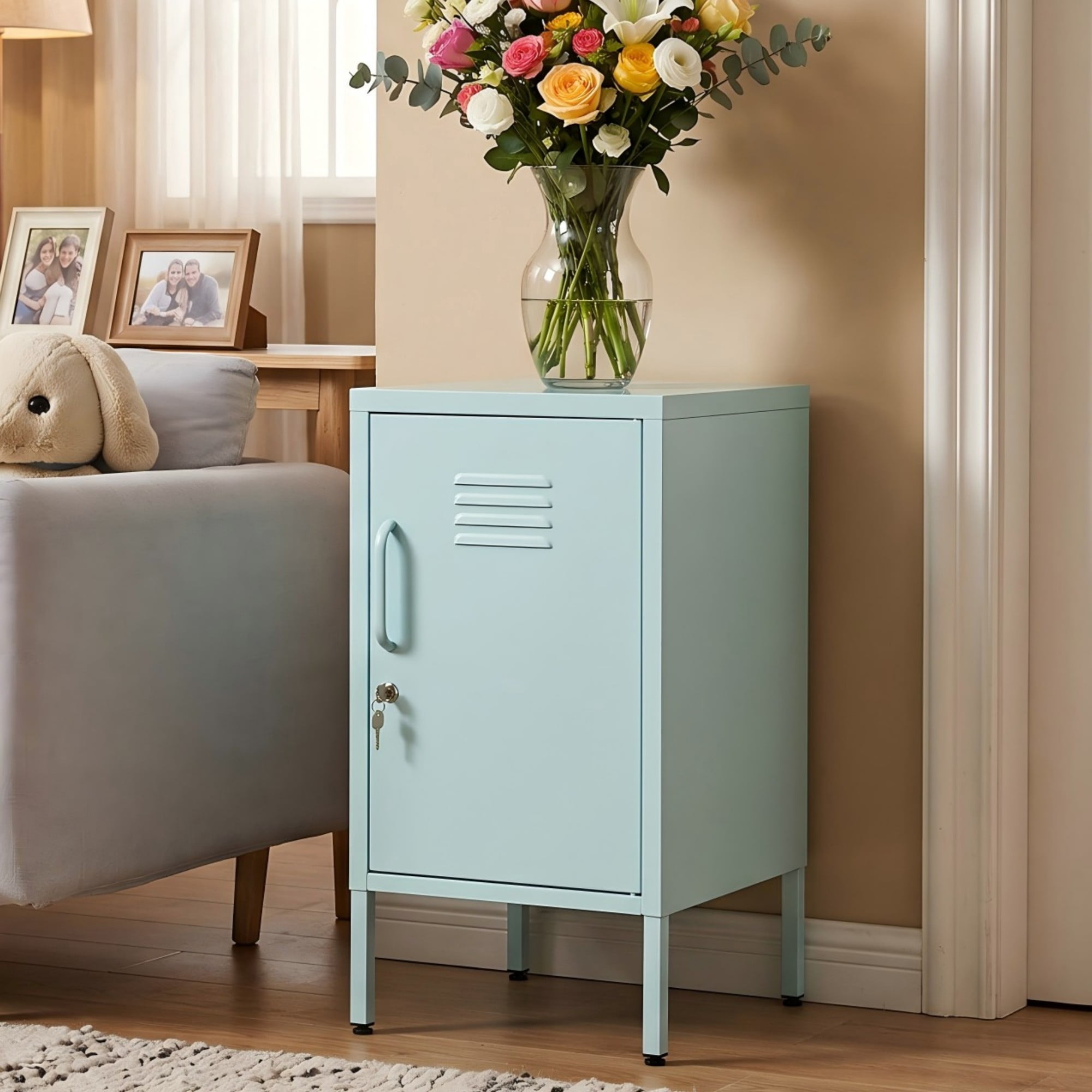 Leumius Small Metal Nightstand with Adjustable Shelf & Lockable Door,Modern Bedside Table End Table Side Cabinet for Bedroom,Living Room,Blue