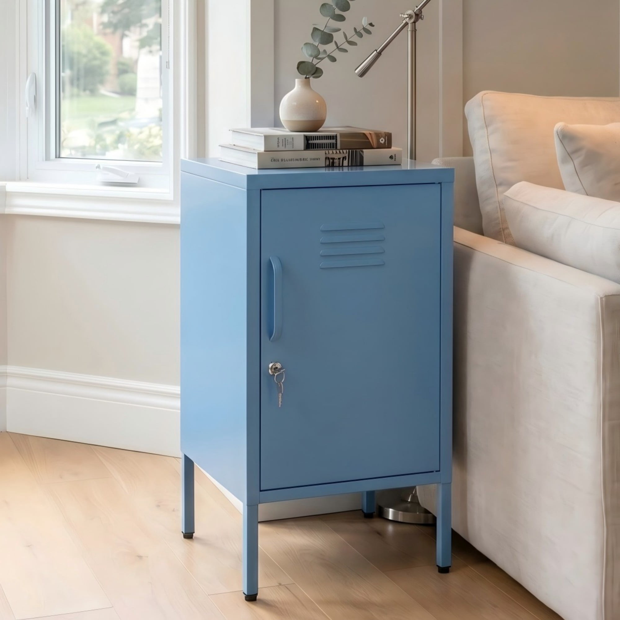 Leumius Small Metal Nightstand with Adjustable Shelf & Lockable Door,Modern Bedside Table End Table Side Cabinet for Bedroom,Living Room,Blue
