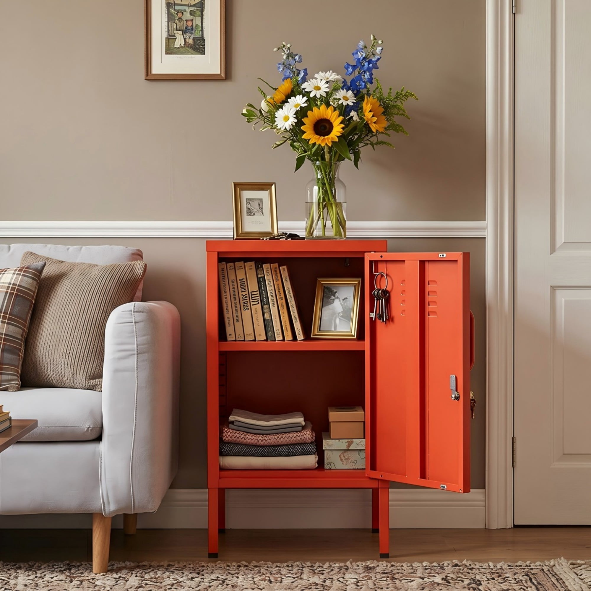 Leumius Small Metal Nightstand with Adjustable Shelf & Lockable Door,Modern Bedside Table End Table Side Cabinet for Bedroom,Living Room,Orange
