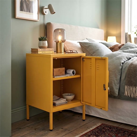Leumius Small Metal Nightstand with Adjustable Shelf & Lockable Door,Modern Bedside Table End Table Side Cabinet for Bedroom,Living Room,Yellow