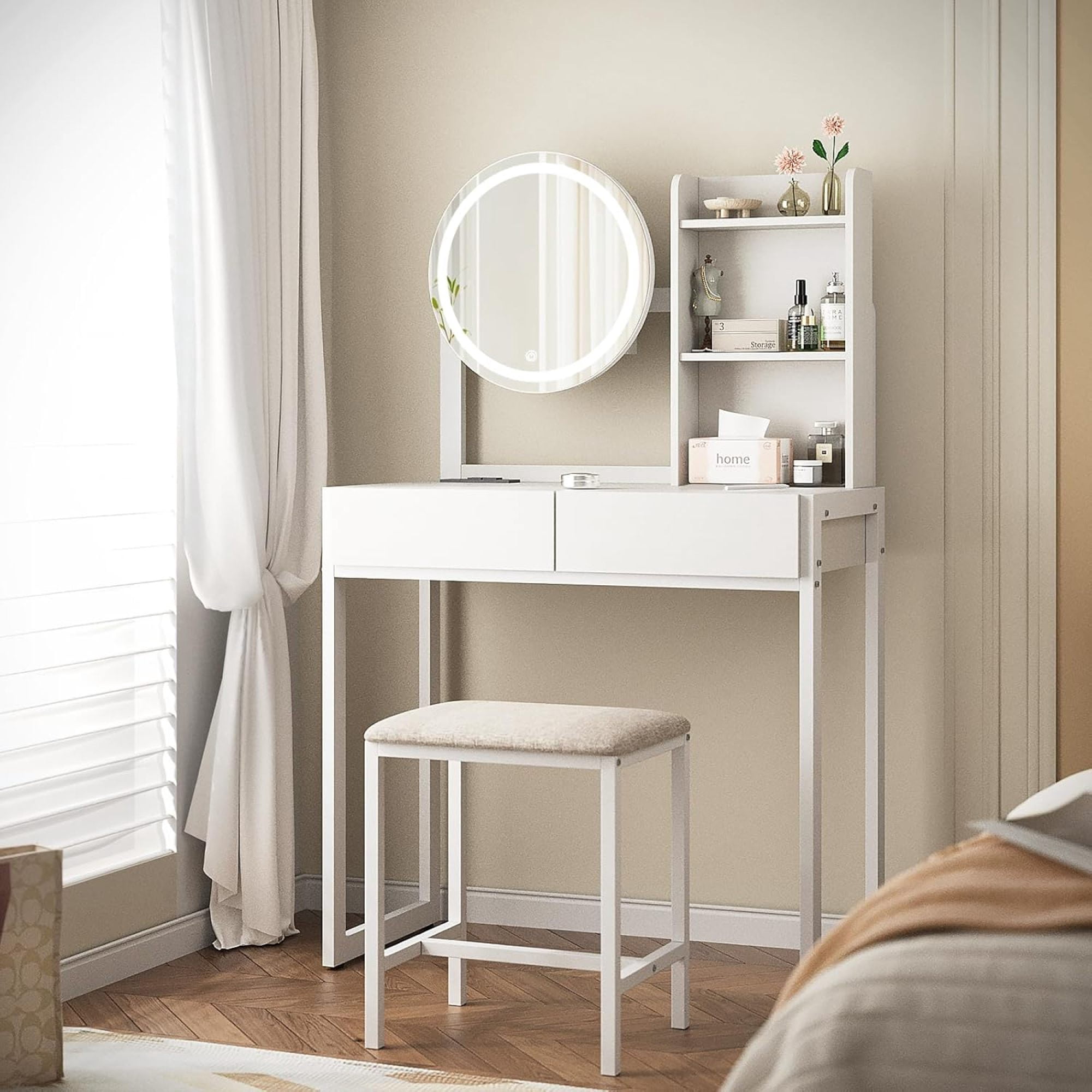 Leumius Small Vanity Desk with Mirror and Lights, Makeup Vanity Table with LED Mirror, 3 Lighting Modes, Power Outlet, Drawer, Open Shelves and Cushioned Stool for Bedroom (White)