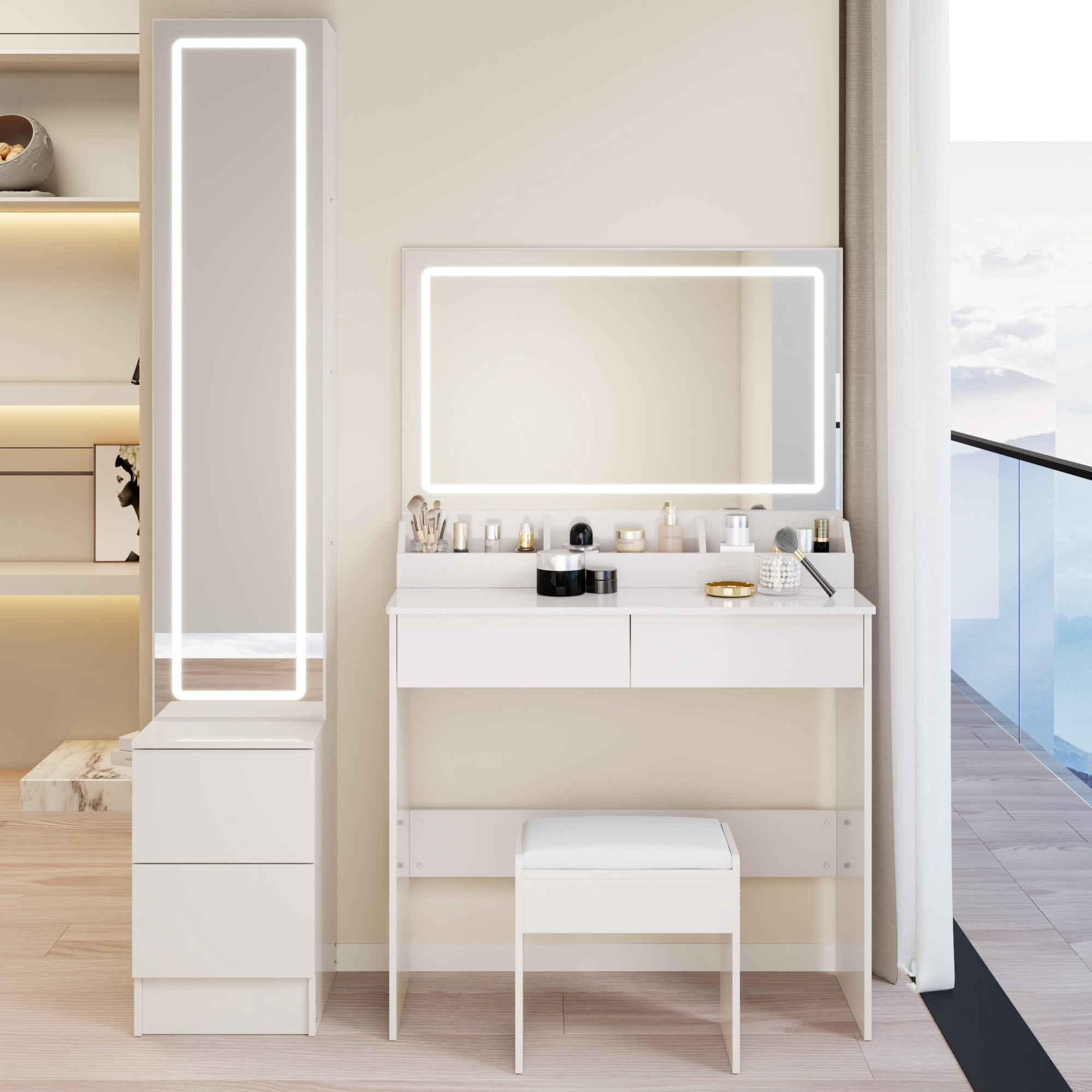 Leumius Smart Makeup Vanity Set with 3 Color Lighted Mirror,LED Dressing Mirror Cabinet,Double Large LED Mirror,Multi-layer High Capacity Storage for Bedroom,White