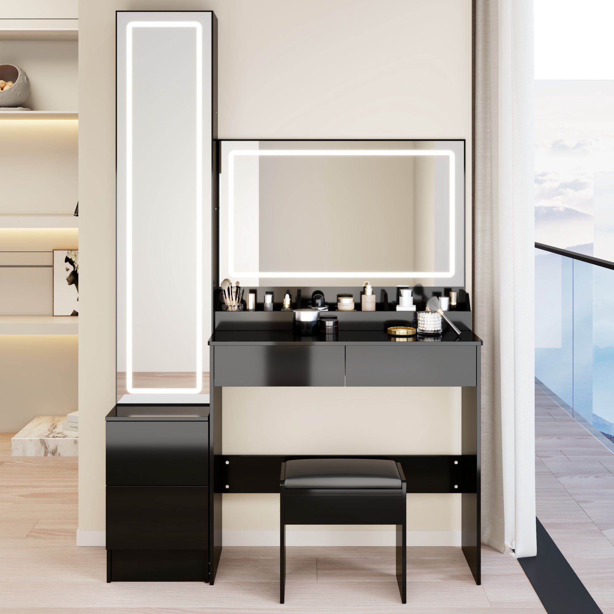 Leumius Smart Makeup Vanity Set with 3 Color Lighted Mirror,LED Dressing Mirror Cabinet,Double Large LED Mirror,Multi-layer High Capacity Storage for Bedroom,Black