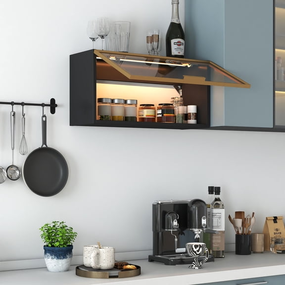 Leumius Spice Rack Wall Mounted Storage Cabinet,Large-Capacity Hanging Kitchen Pantry with Up-Flip Door for Kitchen, Dining Room,Black