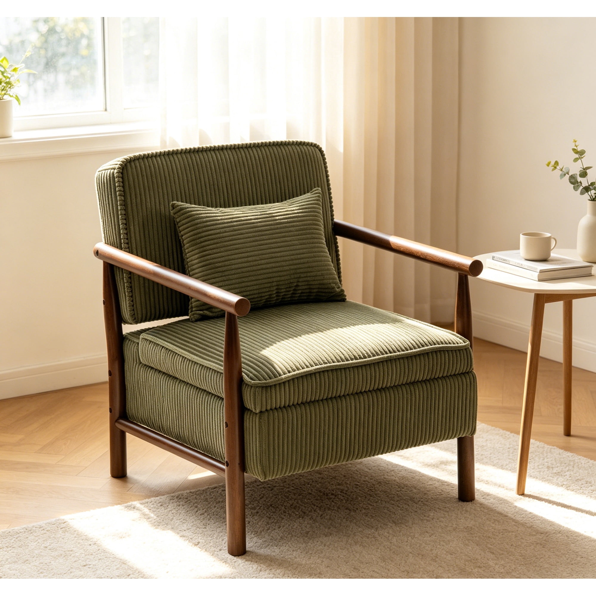 Leumius Storage Chair, Mid Century Modern Accent Chair with Solid Wood Frame, Upholstered Living Room Chairs with Waist Cushion, Reading Armchair for Bedroom Sunroom Green