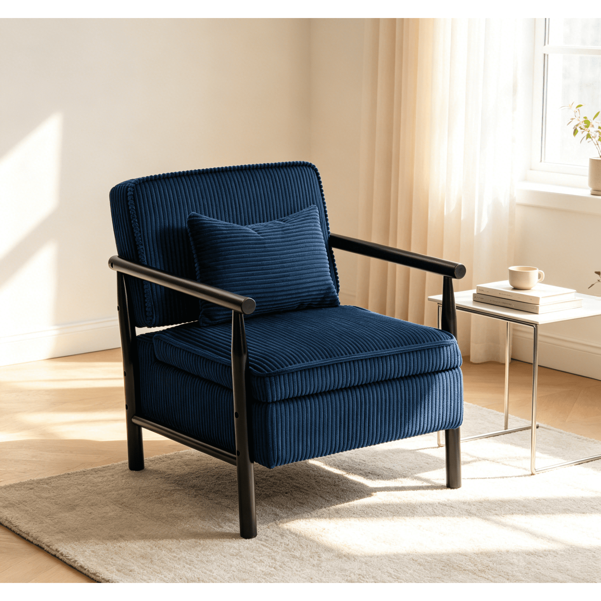 Leumius Storage Chair, Mid Century Modern Accent Chair with Solid Wood Frame, Upholstered Living Room Chairs with Waist Cushion, Reading Armchair for Bedroom Sunroom Blue