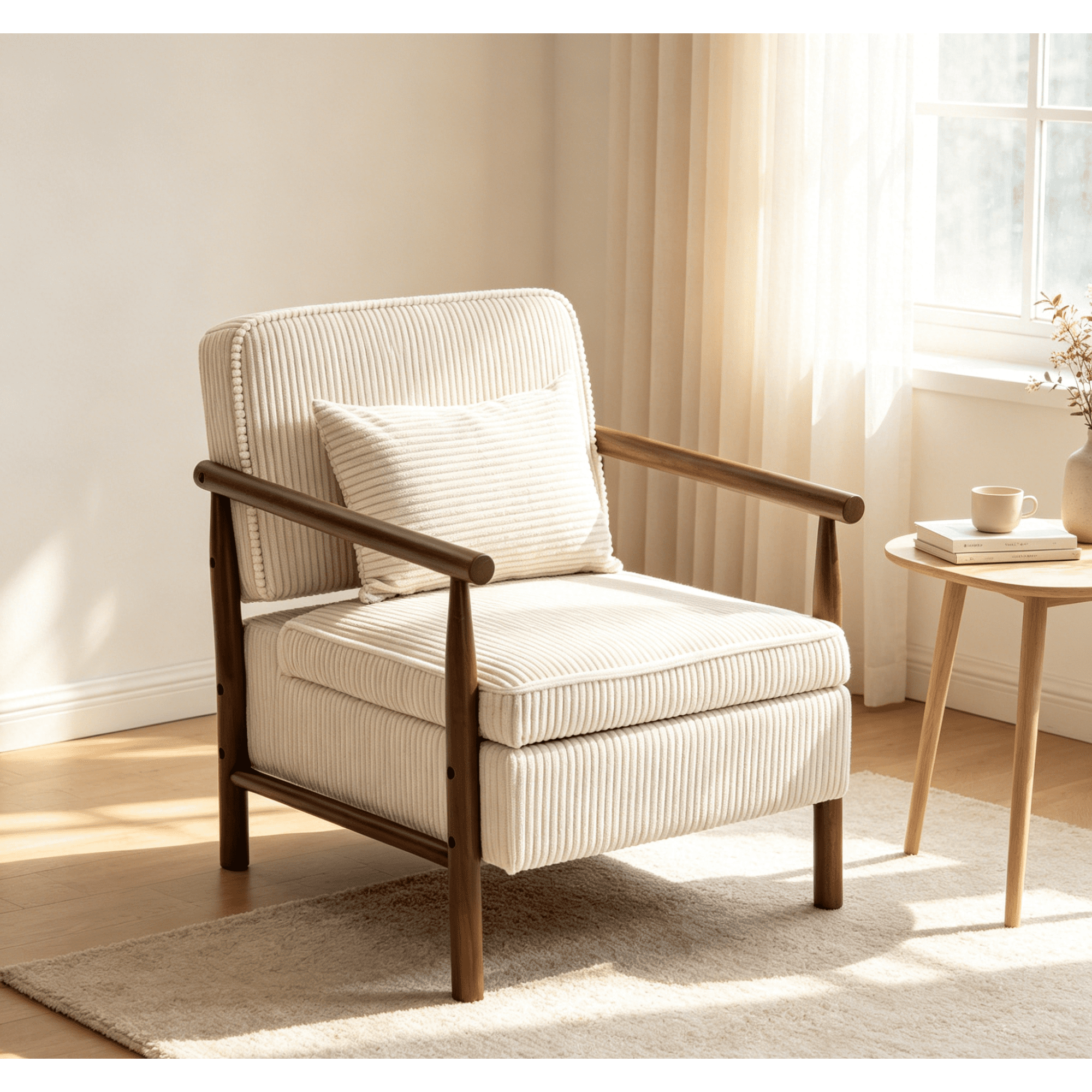 Leumius Storage Chair, Mid Century Modern Accent Chair with Solid Wood Frame, Upholstered Living Room Chairs with Waist Cushion, Reading Armchair for Bedroom Sunroom White