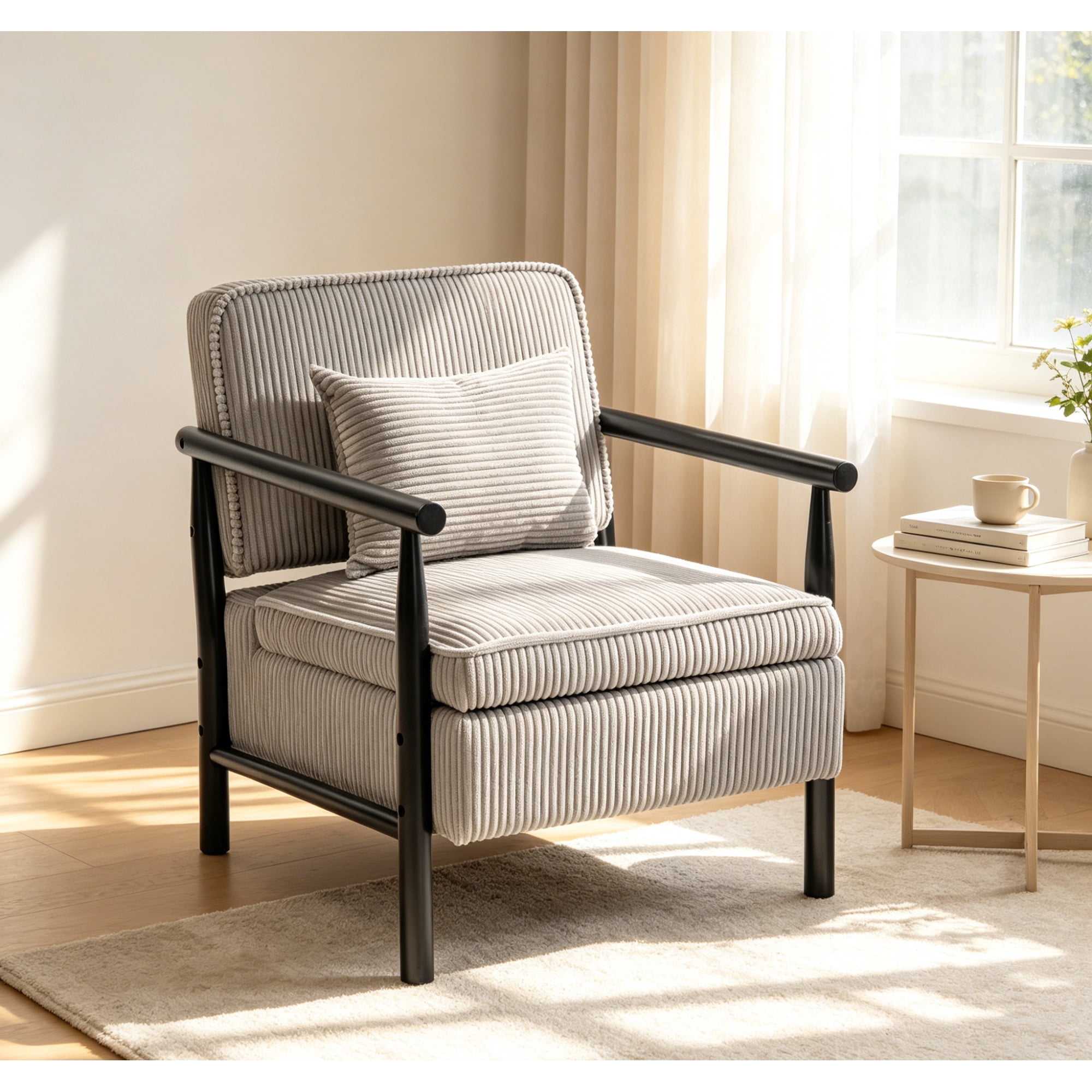 Leumius Storage Chair, Mid Century Modern Accent Chair with Solid Wood Frame, Upholstered Living Room Chairs with Waist Cushion, Reading Armchair for Bedroom Sunroom Grey