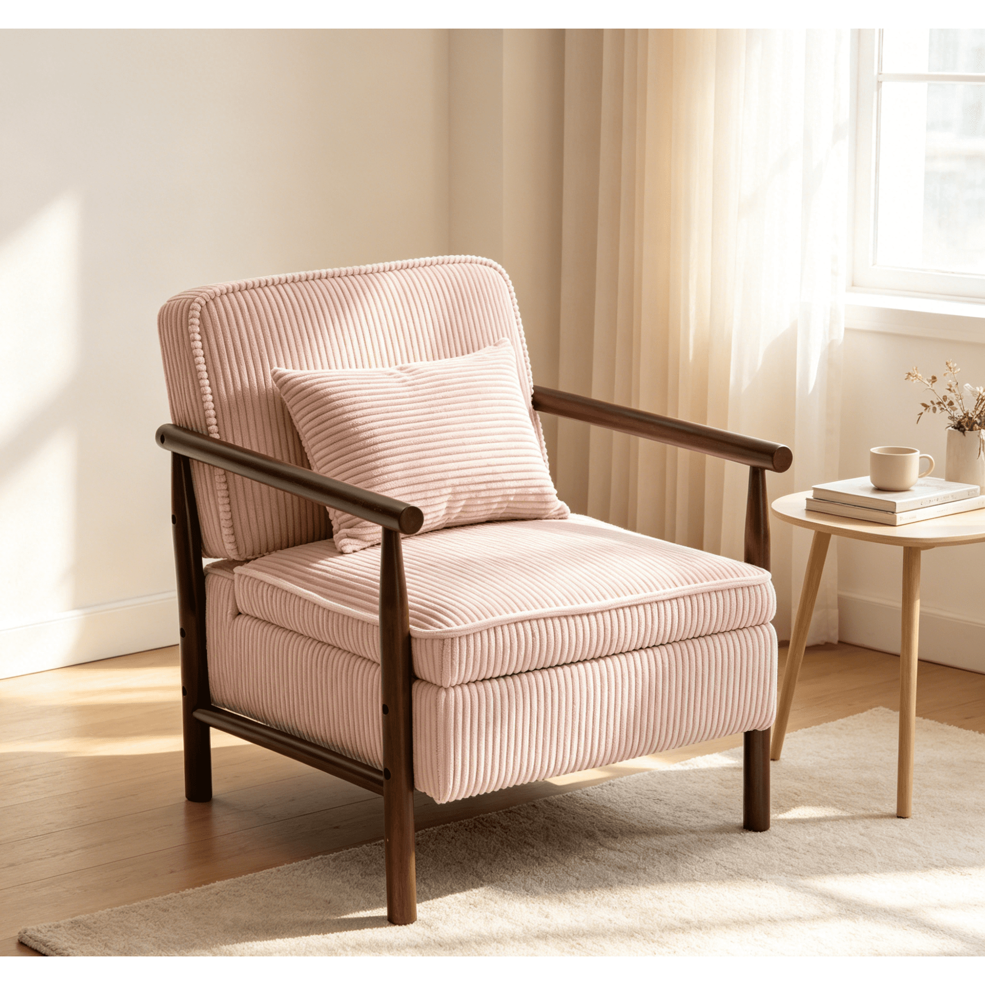 Leumius Storage Chair, Mid Century Modern Accent Chair with Solid Wood Frame, Upholstered Living Room Chairs with Waist Cushion, Reading Armchair for Bedroom Sunroom Light Pink