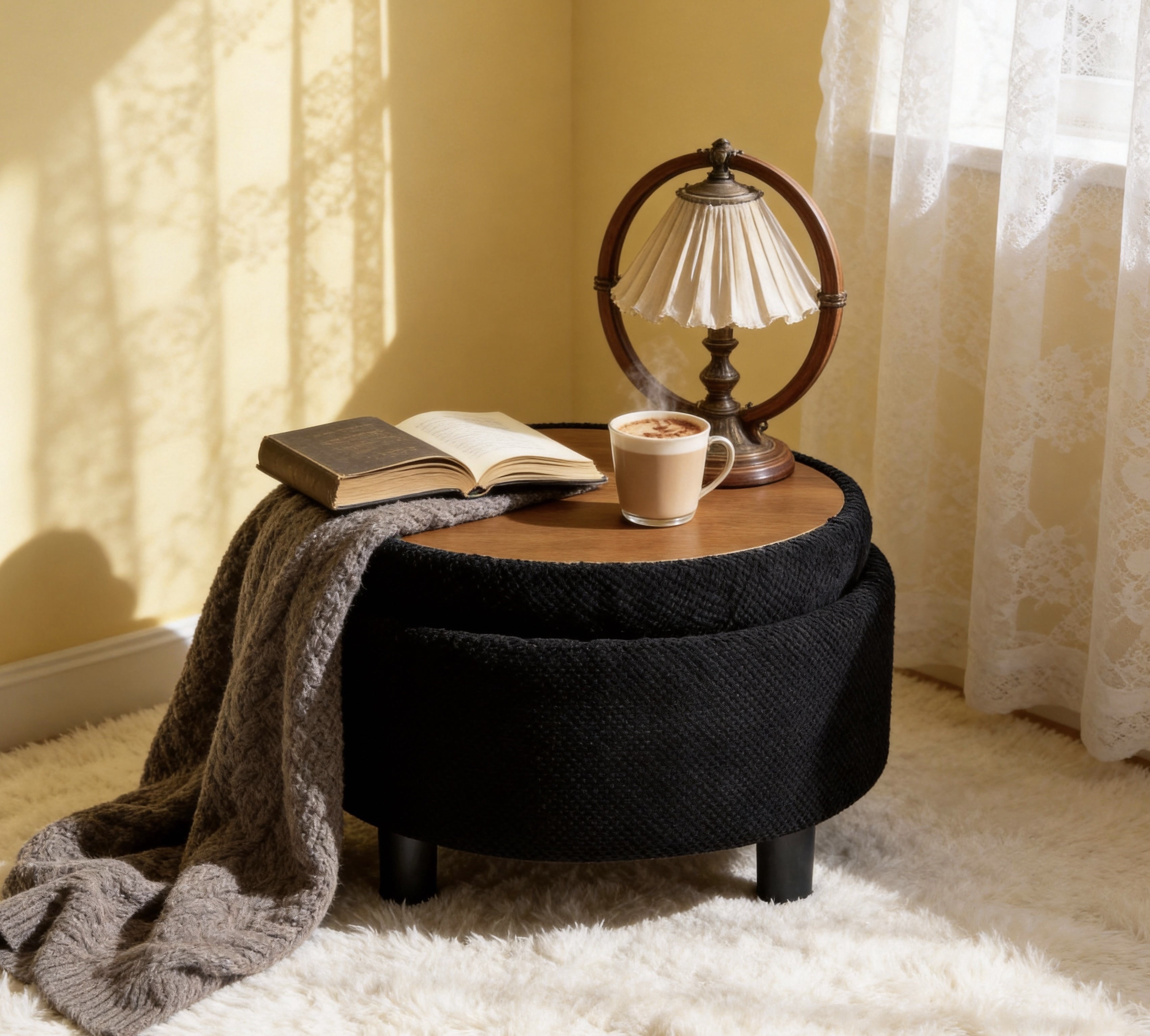 Leumius Storage Ottoman Bench,Round Coffee Table Ottoman,Wooden Top Side Table with Hidden Storage for Living Room,Bedroom,Black