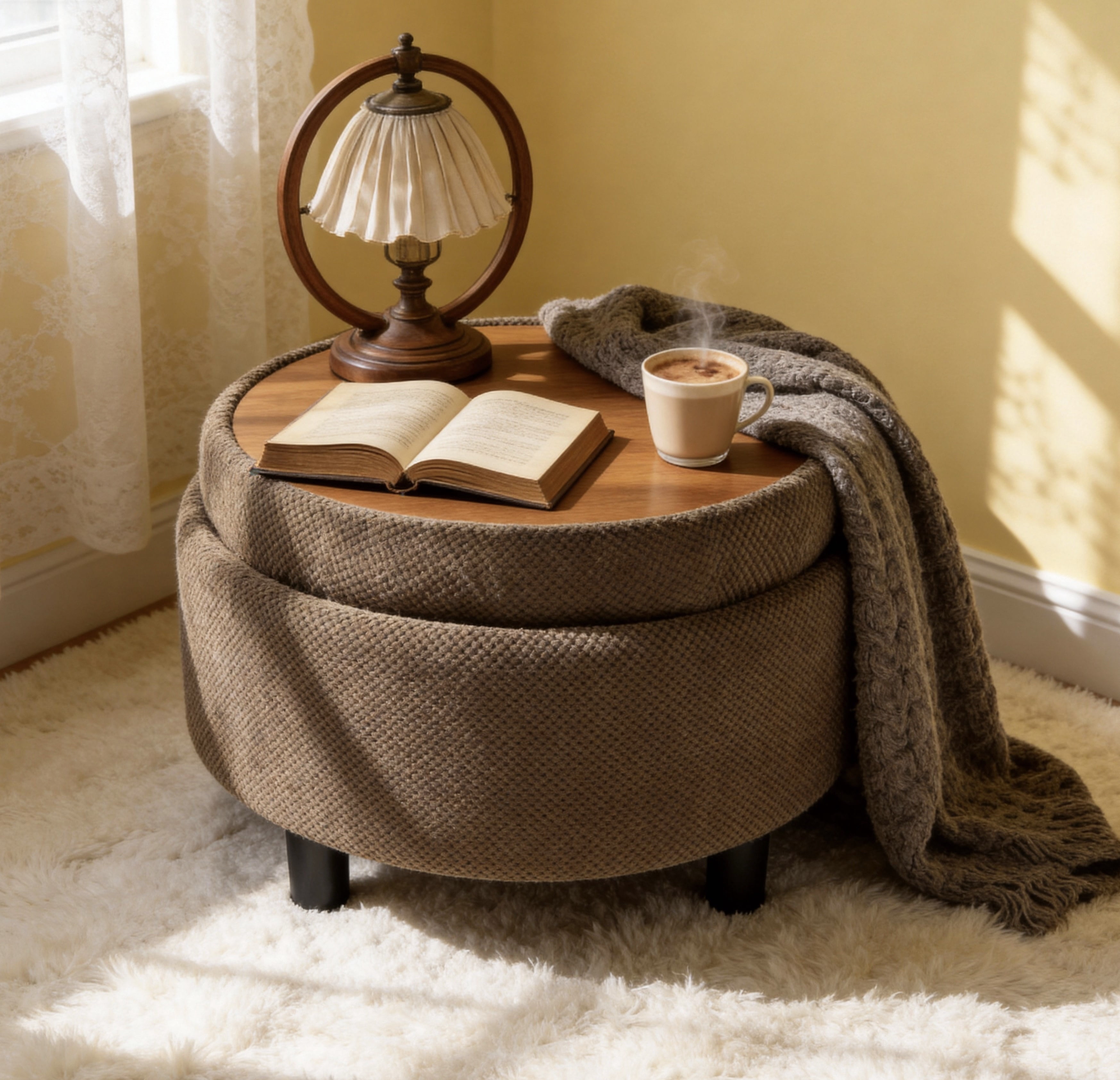 Leumius Storage Ottoman Bench,Round Coffee Table Ottoman,Wooden Top Side Table with Hidden Storage for Living Room,Bedroom,Coffee