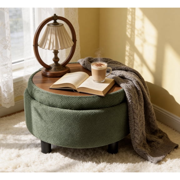 Leumius Storage Ottoman Bench,Round Coffee Table Ottoman,Wooden Top Side Table with Hidden Storage for Living Room,Bedroom,Dark Green