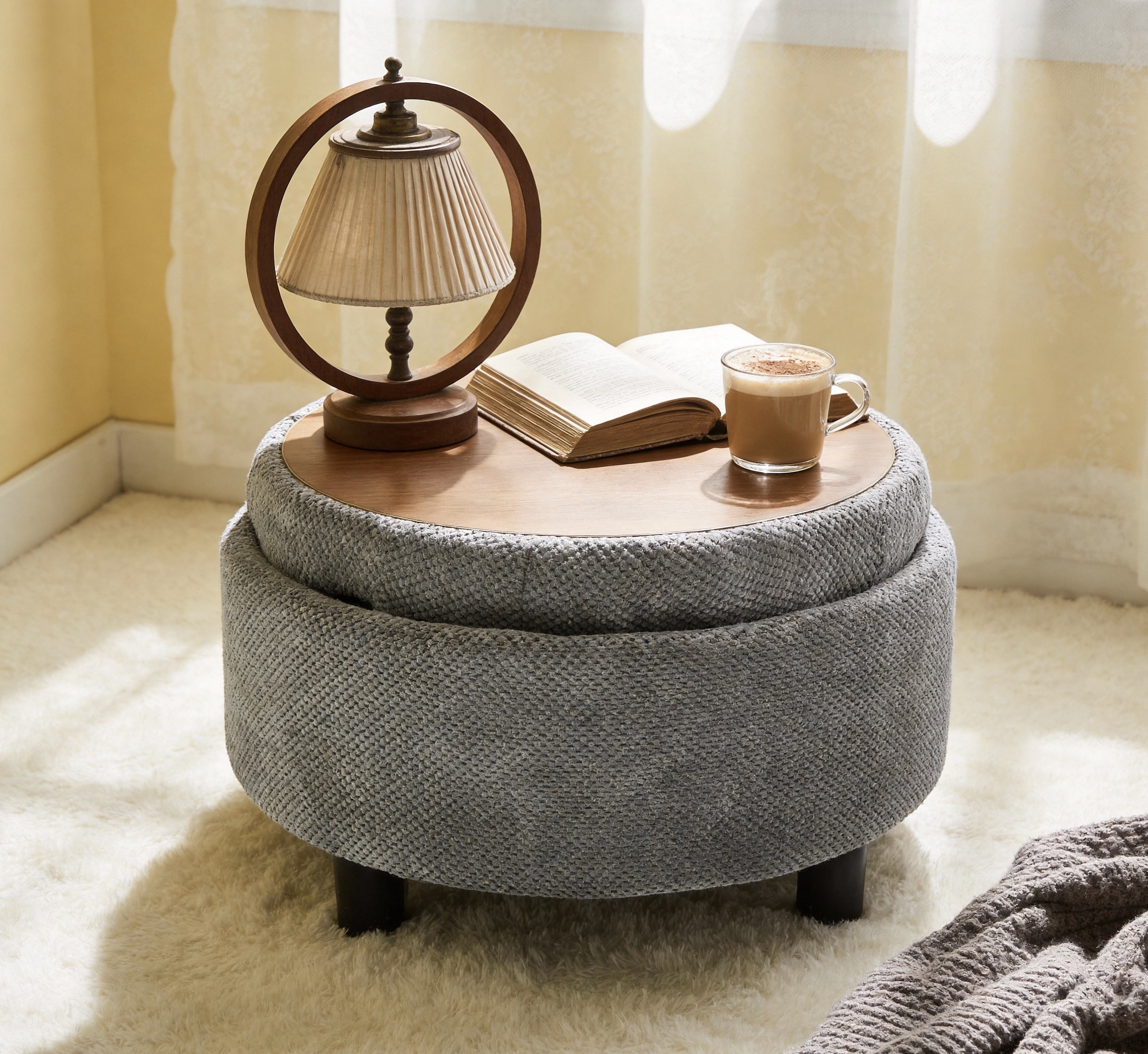 Leumius Storage Ottoman Bench,Round Coffee Table Ottoman,Wooden Top Side Table with Hidden Storage for Living Room,Bedroom,LIGHT GREY