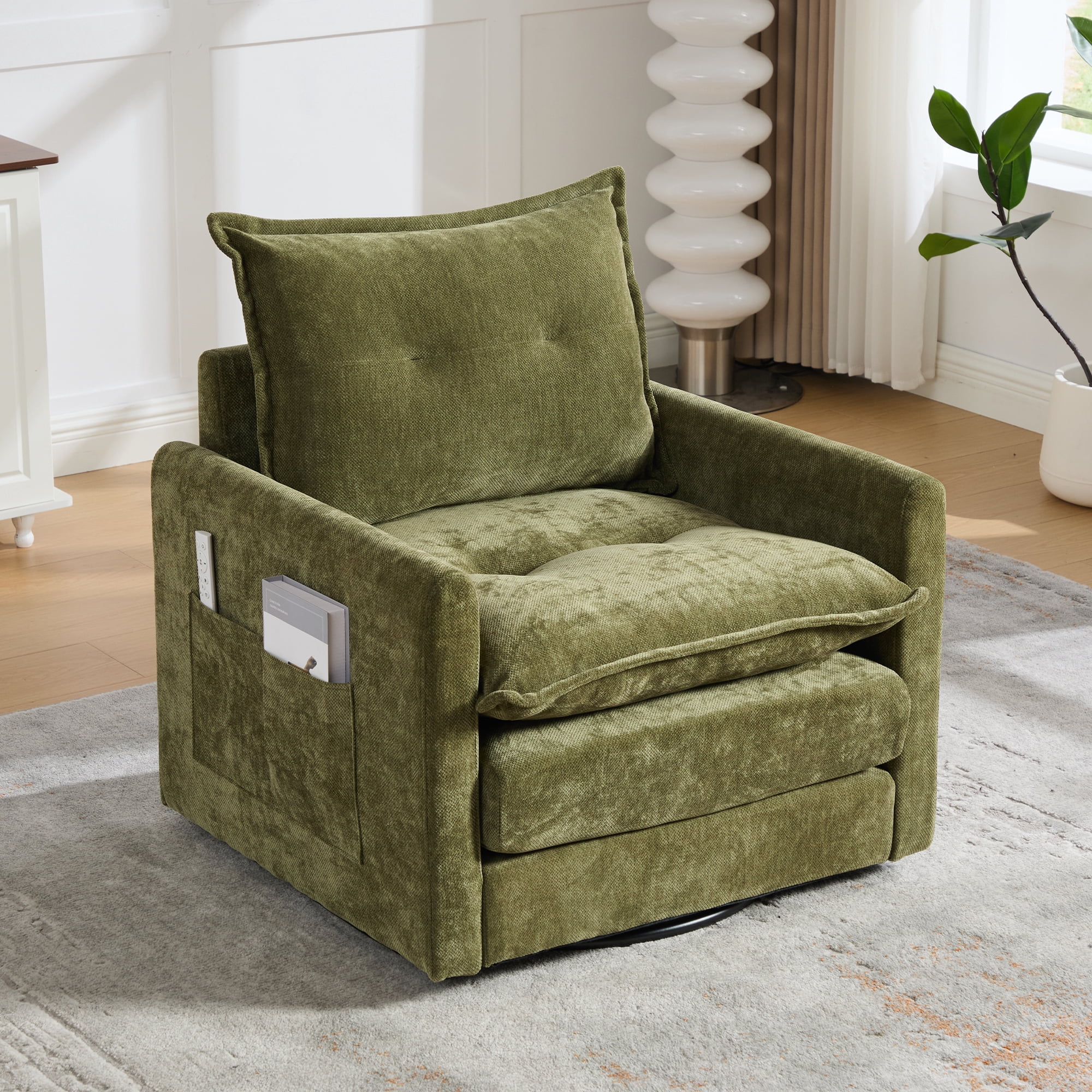 Leumius Swivel Accent Chair,Mid Century Modern Chenille Armchair with Thick Padded and Metal Base,Swivel Single Sofa Chair Barrel Reading Chair for Living Room Bedroom,Olive
