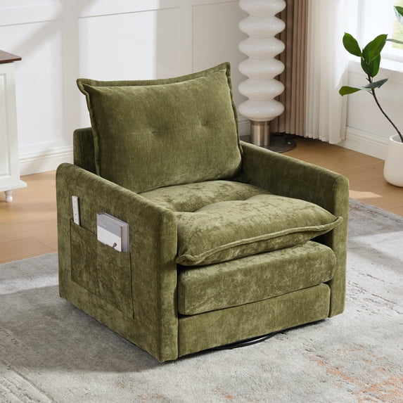 Leumius Swivel Accent Chair,Mid Century Modern Chenille Armchair with Thick Padded and Metal Base,Swivel Single Sofa Chair Barrel Reading Chair for Living Room Bedroom,Olive