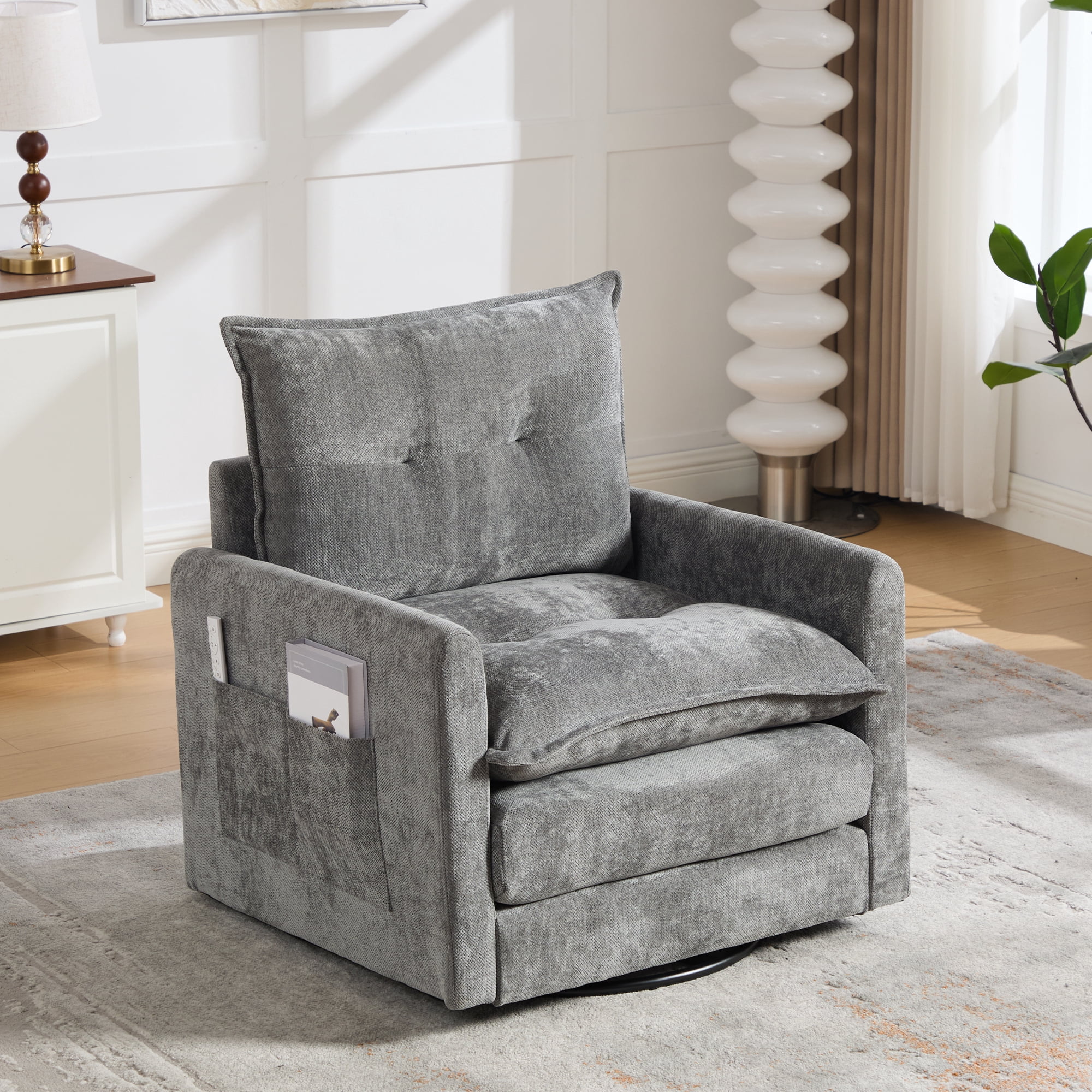 Leumius Swivel Accent Chair,Mid Century Modern Chenille Armchair with Thick Padded and Metal Base,Swivel Single Sofa Chair Barrel Reading Chair for Living Room Bedroom,Gray