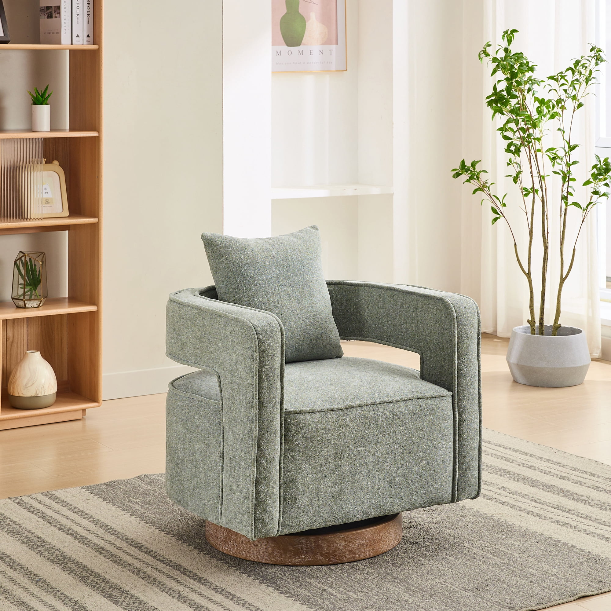 Leumius Swivel Accent Chair with Open Back,Modern Single Sofa Chair With Weathered Base for Nursery Bedroom Living Room Hotel Office, Club Chair Leisure Arm Chair for Lounge,Green Polyester
