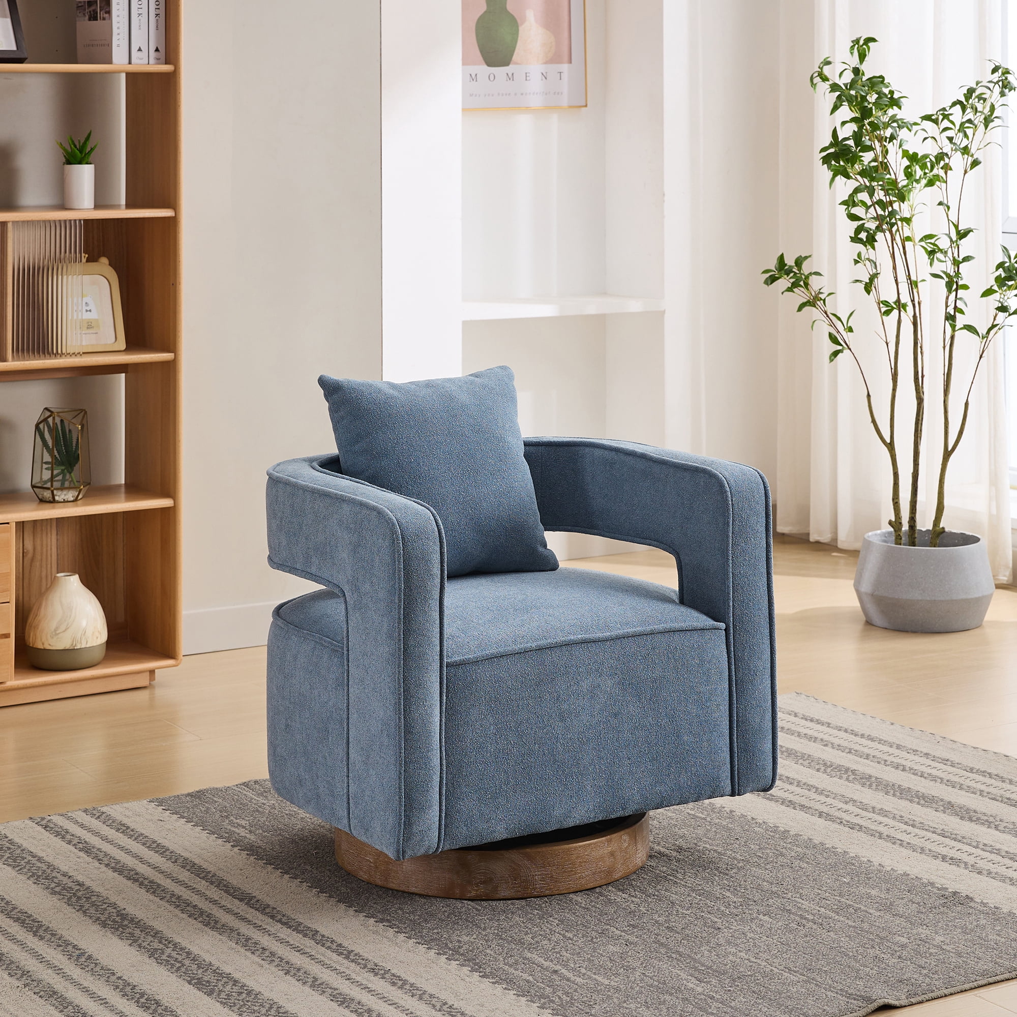 Leumius Swivel Accent Chair with Open Back,Modern Single Sofa Chair With Weathered Base for Nursery Bedroom Living Room Hotel Office, Club Chair Leisure Arm Chair for Lounge,Blue Linen Blend