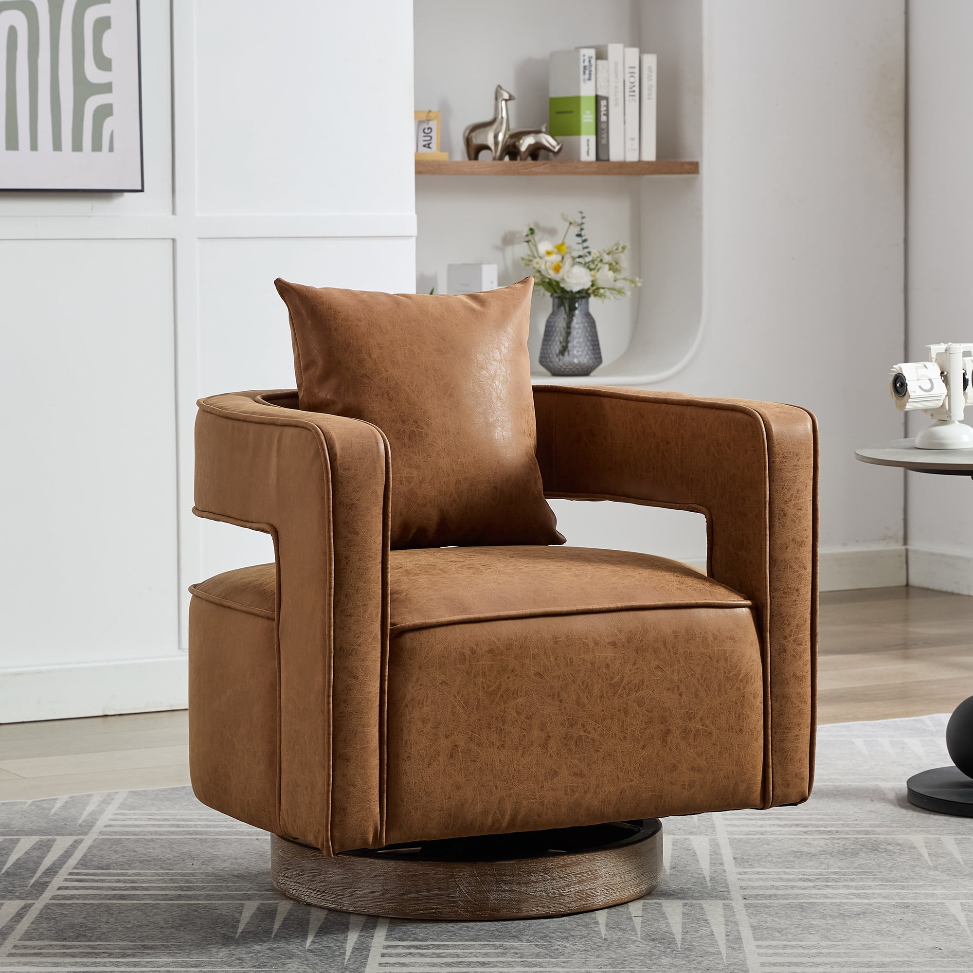 Leumius Swivel Accent Chair with Open Back,Modern Single Sofa Chair With Weathered Base for Nursery Bedroom Living Room Hotel Office, Club Chair Leisure Arm Chair for Lounge,Brown PU