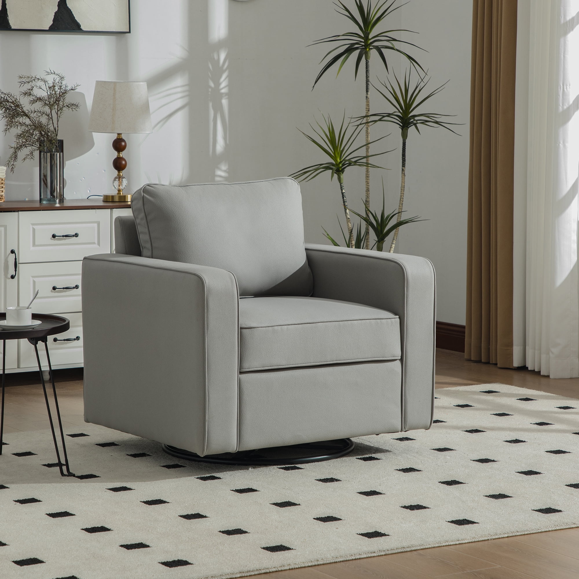 Leumius Swivel Armchair with Hidden Storage,33.6''W Upholstered 360° Accent Chairs with Pillow,Square Club Chair Single Sofa for Living Room,Gray